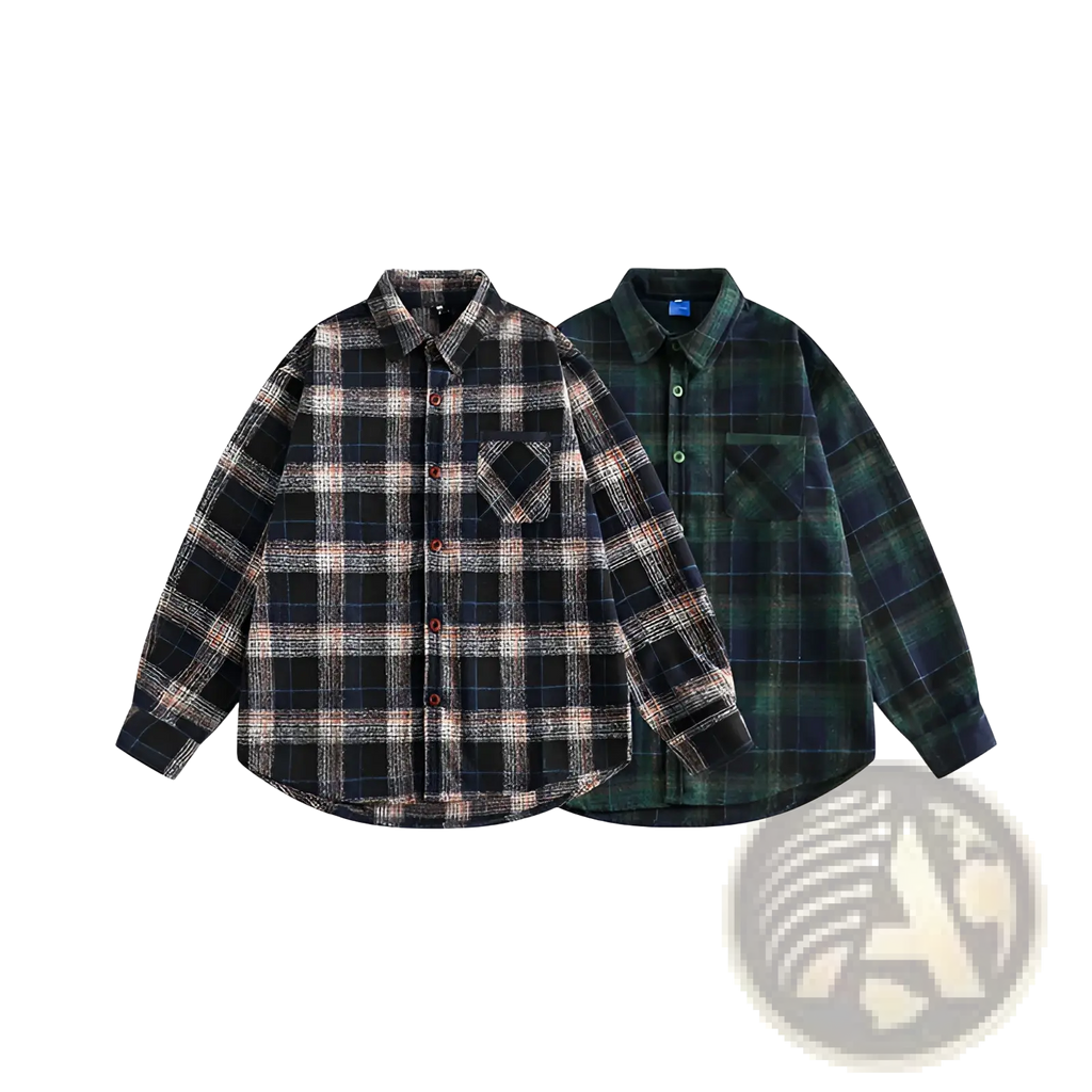 Two Japanese retro flannel shirts in dark green navy and black beige plaid patterns featuring red buttons