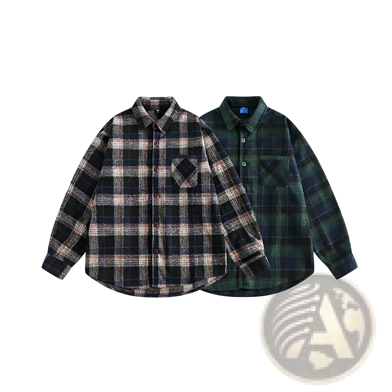 Two Japanese retro flannel shirts in dark green navy and black beige plaid patterns featuring red buttons