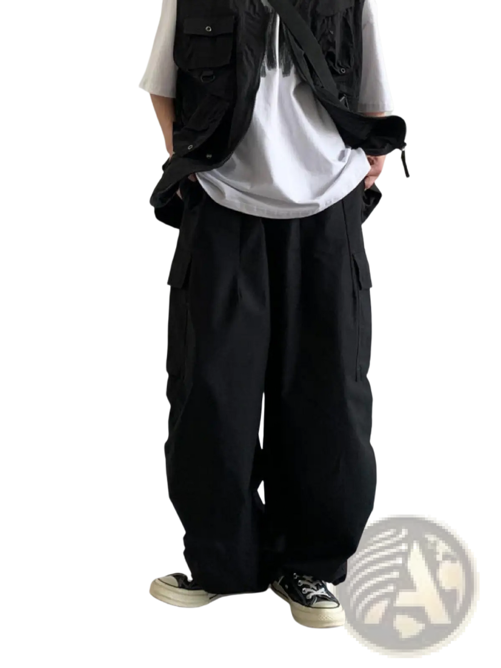 Black Japanese retro loose cargo trousers with multiple pockets and a relaxed wide-leg fit in durable fabric