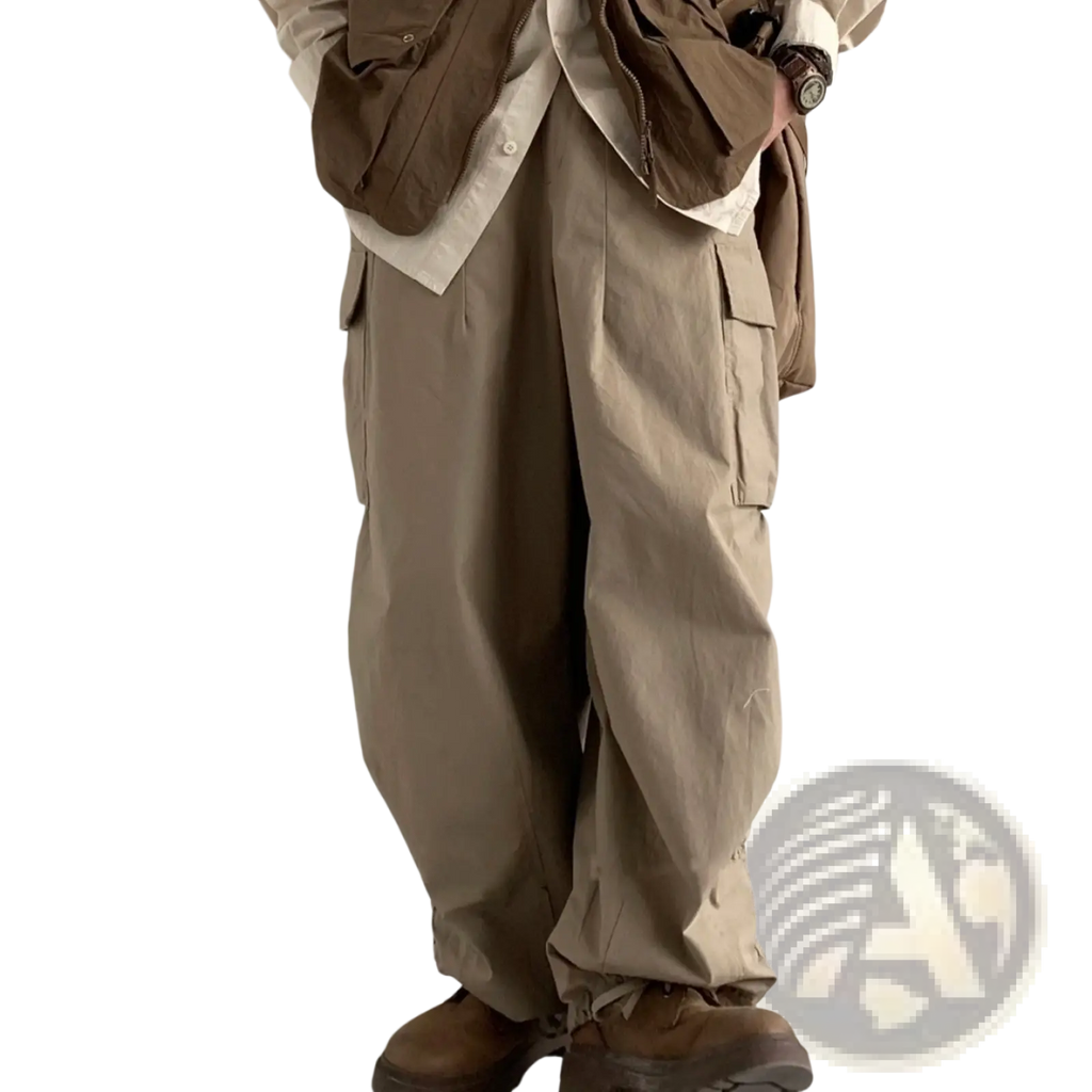 Beige Japanese retro loose cargo trousers with multiple pockets and a relaxed, loose fit for casual wear