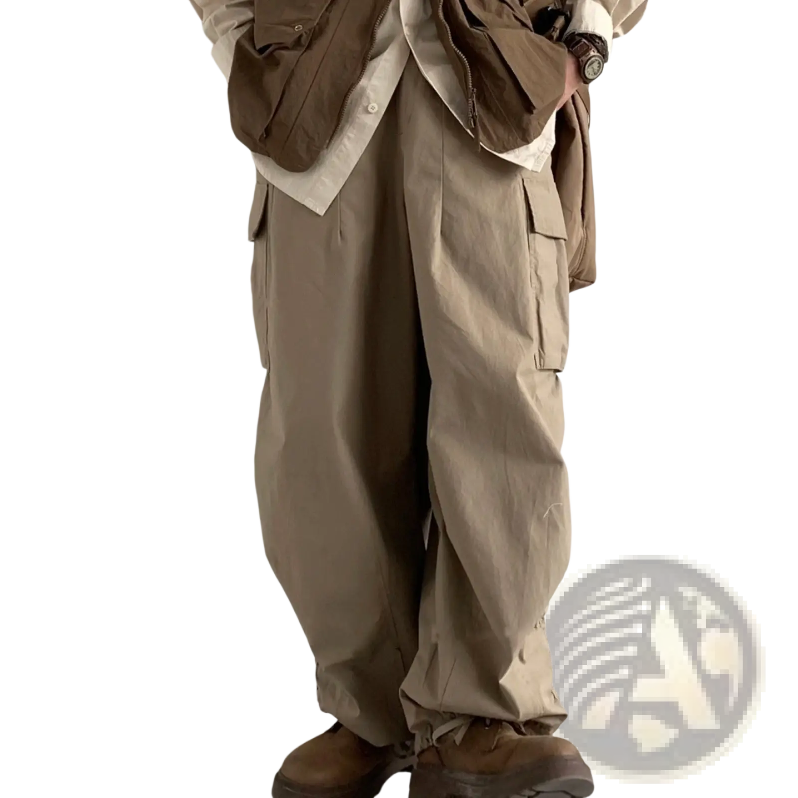 Beige Japanese retro loose cargo trousers with multiple pockets and a relaxed, loose fit for casual wear