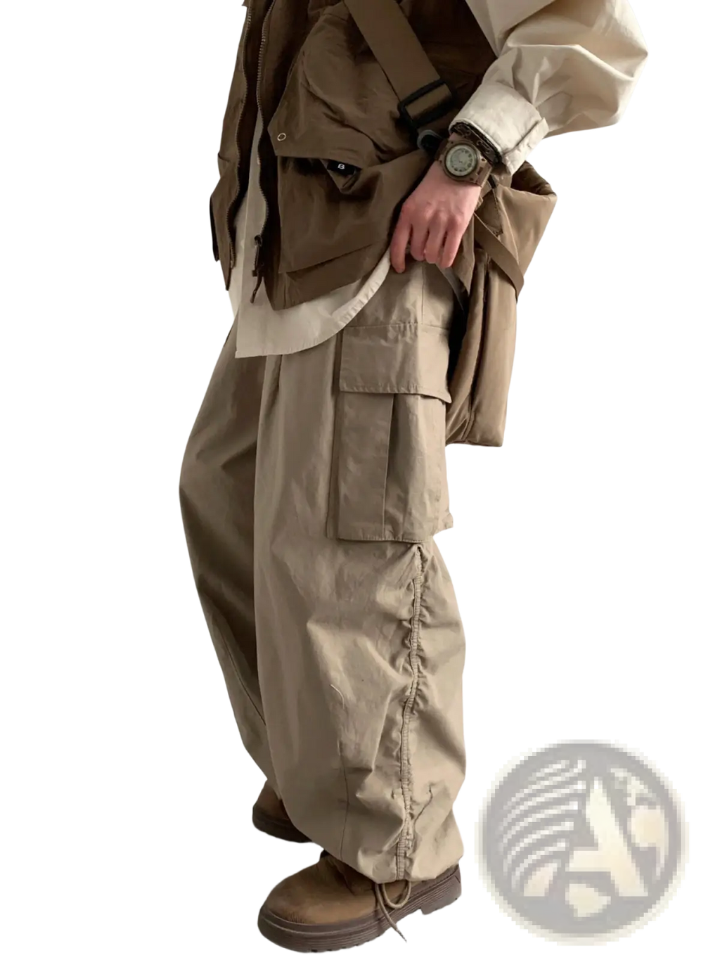 Beige Japanese retro loose cargo trousers with multiple pockets and drawstring side detail in cotton fabric