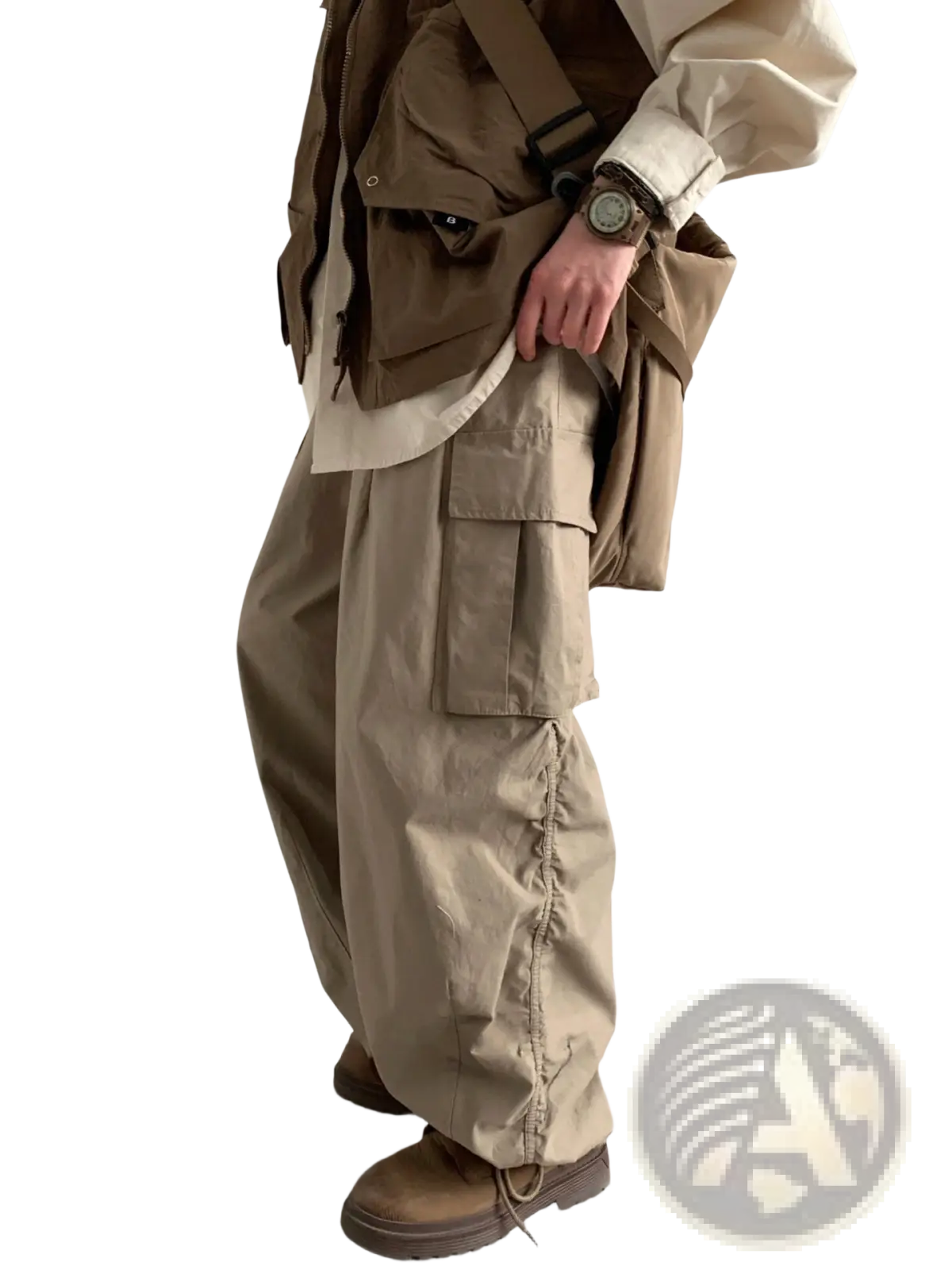 Beige Japanese retro loose cargo trousers with multiple pockets and drawstring side detail in cotton fabric