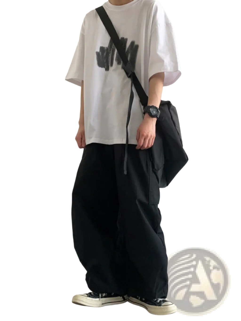 Black crossbody bag with adjustable strap and drawstring closure paired with japanese retro loose cargo trousers