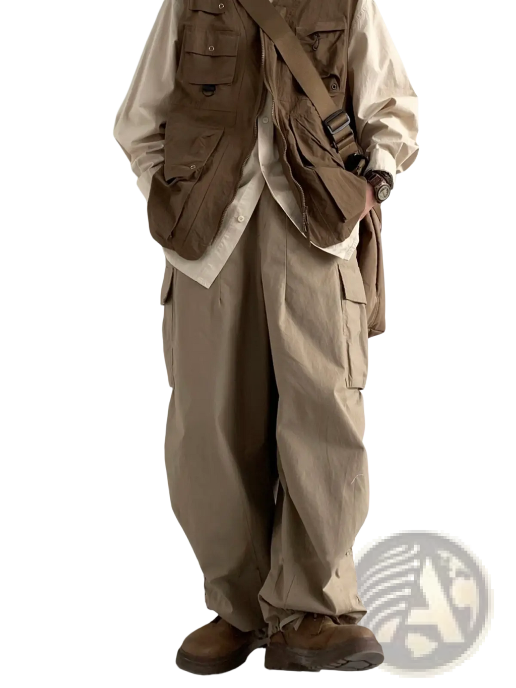 Tan utility vest with multiple pockets and adjustable shoulder strap paired with japanese retro loose cargo trousers