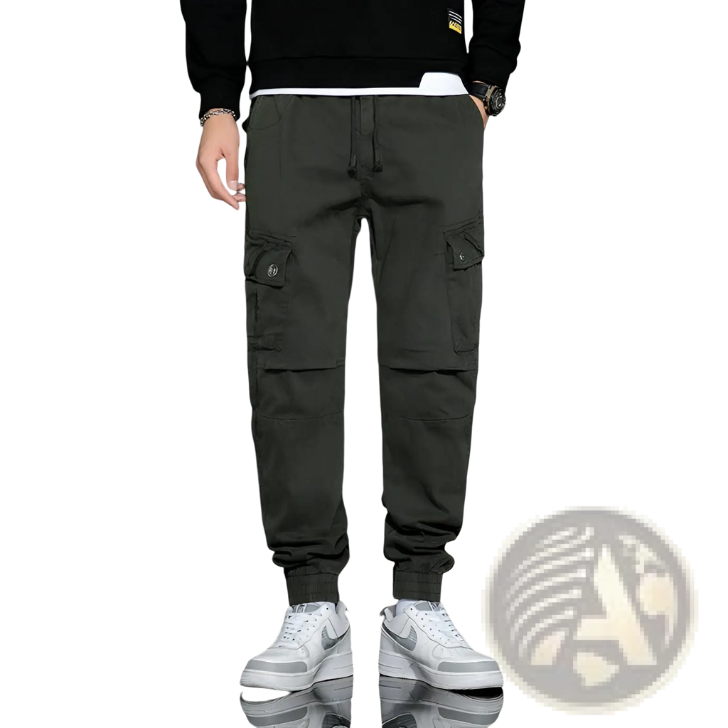 Dark olive Japanese retro multipocket casual cargo trousers featuring multiple pockets and a drawstring waist