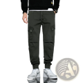 Dark olive Japanese retro multipocket casual cargo trousers featuring multiple pockets and a drawstring waist