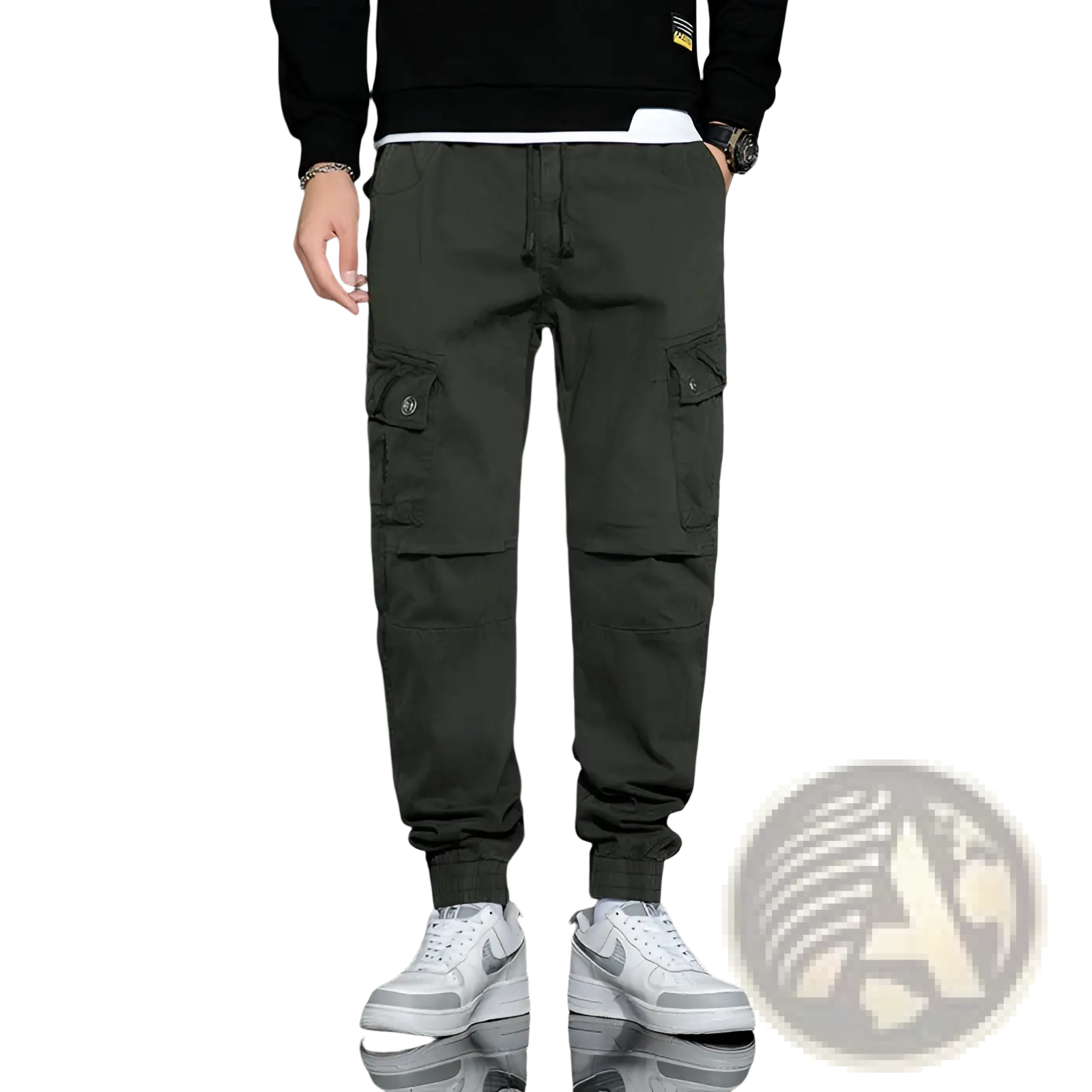 Dark olive Japanese retro multipocket casual cargo trousers featuring multiple pockets and a drawstring waist