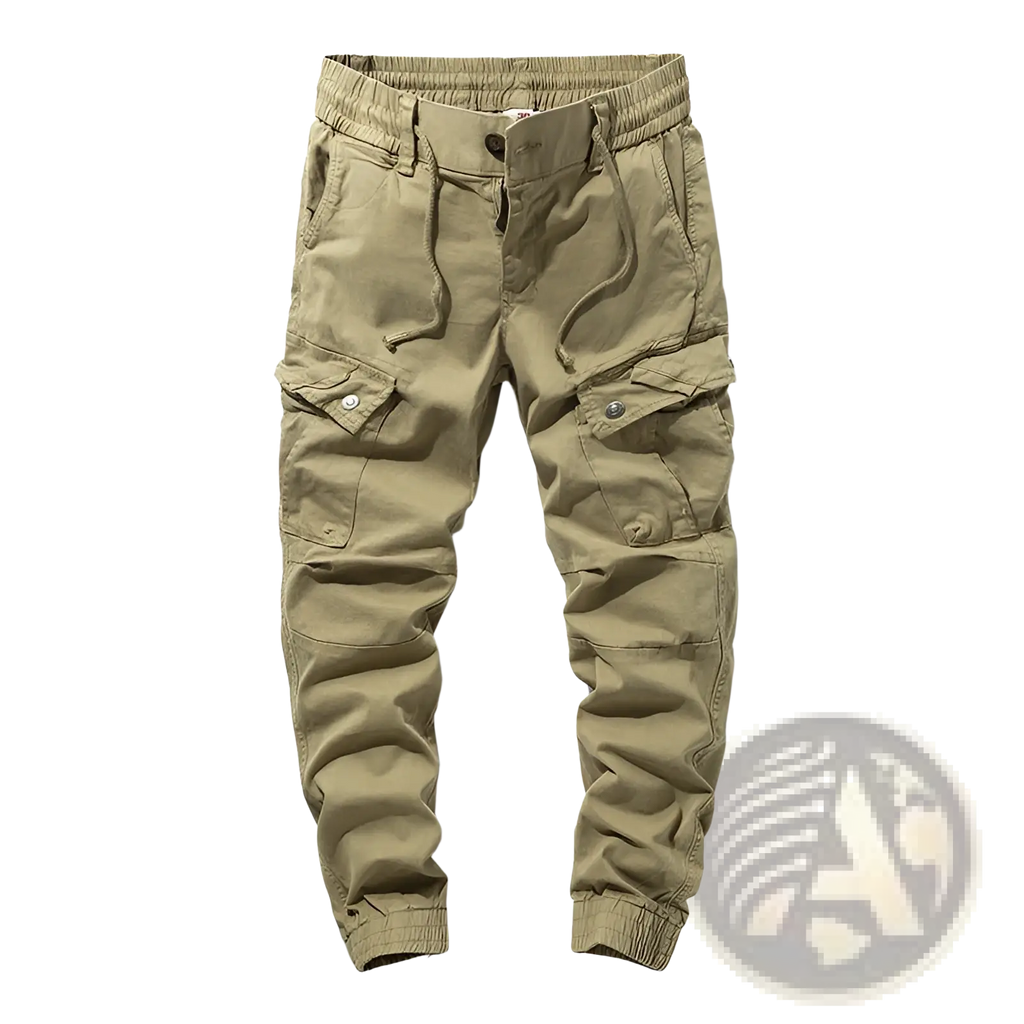 Khaki Japanese retro multipocket casual cargo trousers with multiple pockets and elastic cuffs for comfort