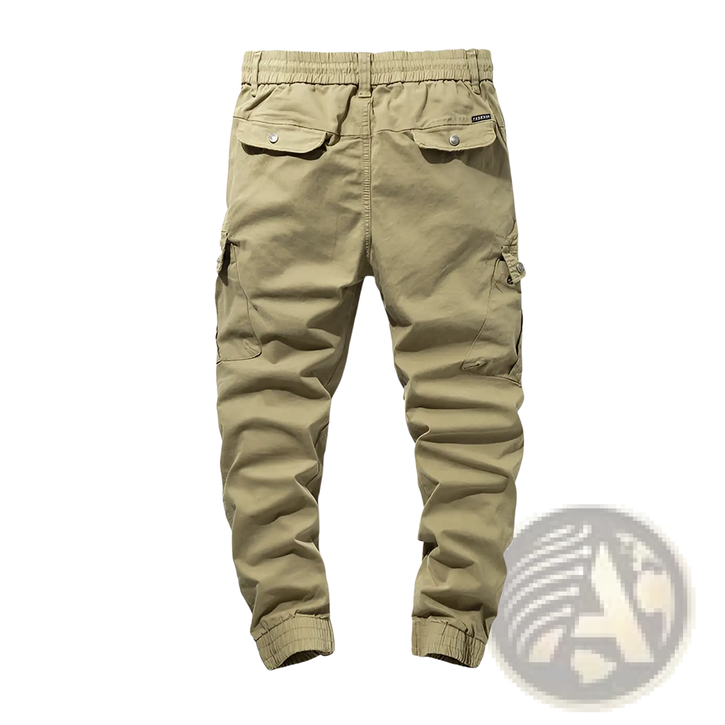 Khaki-colored Japanese retro multipocket casual cargo trousers with multiple pockets and elastic cuffs in cotton blend