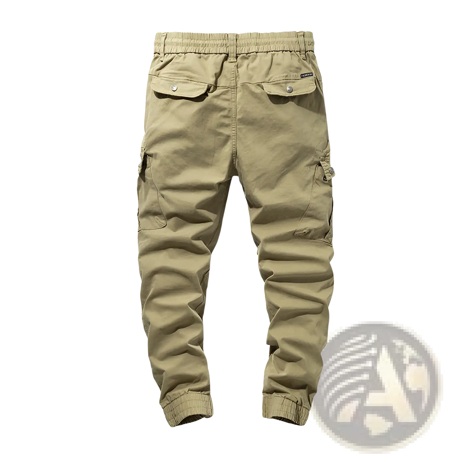 Khaki-colored Japanese retro multipocket casual cargo trousers with multiple pockets and elastic cuffs in cotton blend