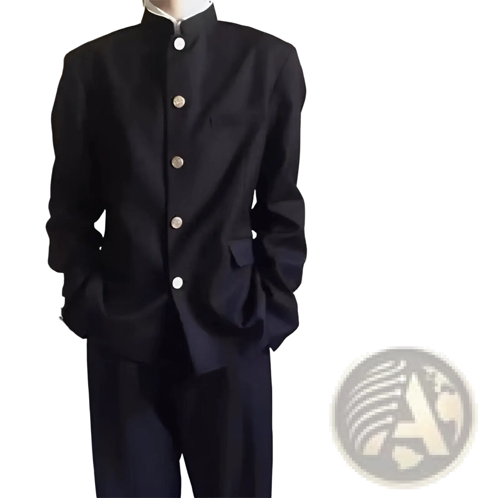 Black men Japanese school uniform suit with mandarin collar button-up jacket and matching black nine-point dress pants