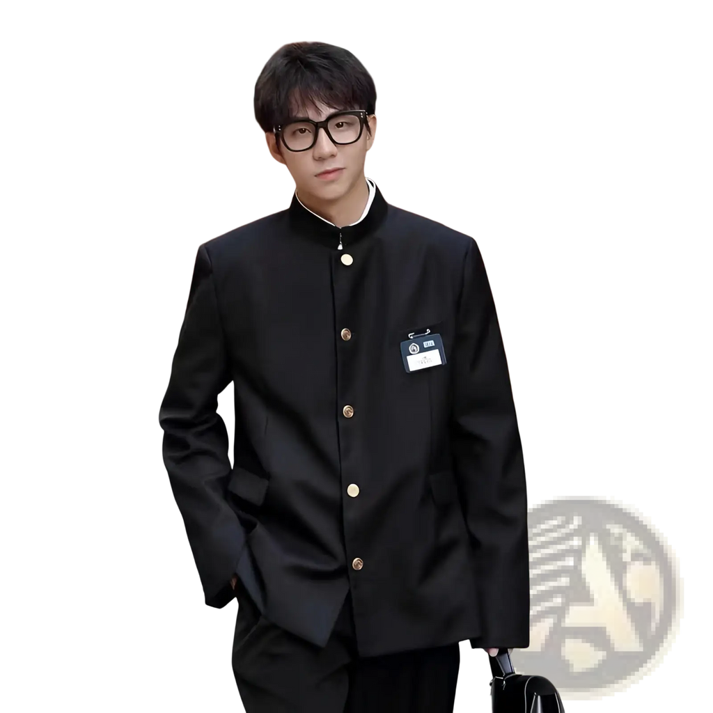 Black Japanese school uniform suit jacket for men with gold buttons and a white collar in button-up style