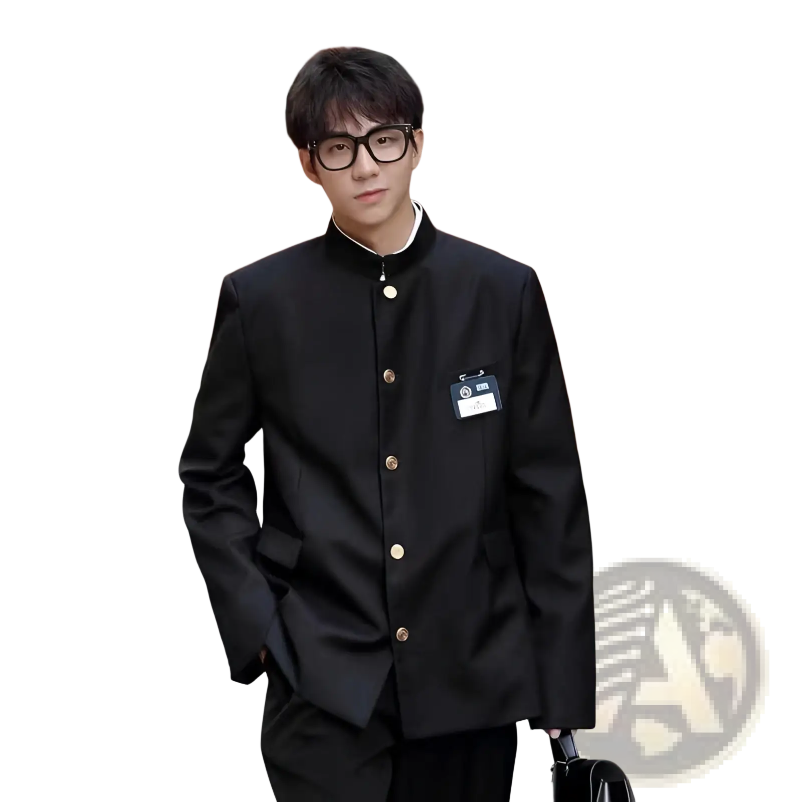 Black Japanese school uniform suit jacket for men with gold buttons and a white collar in button-up style
