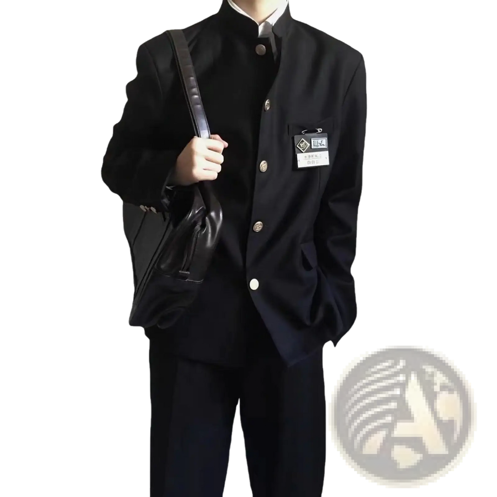 Black formal Japanese school uniform suit jacket for men with mandarin collar and gold-toned buttons