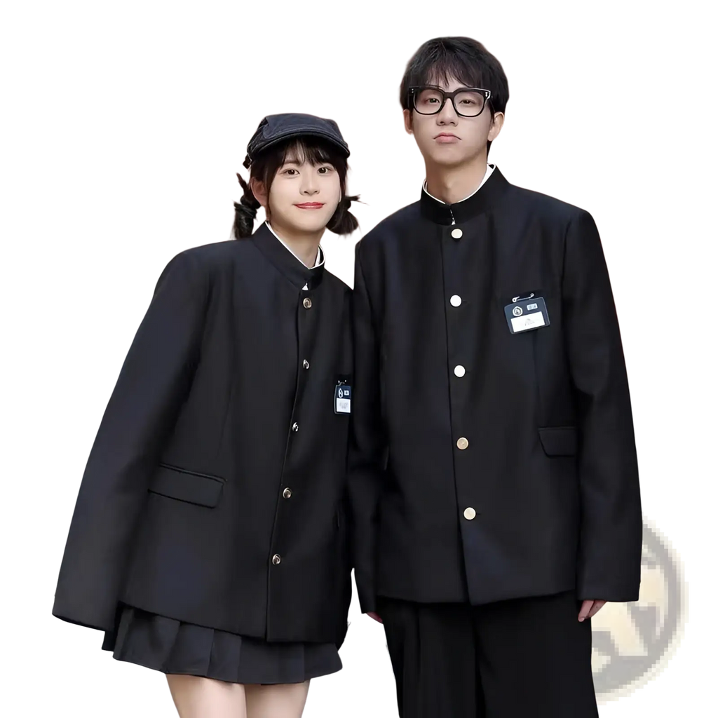 Black traditional japanese school uniform suit jacket for men with white buttons and collar details