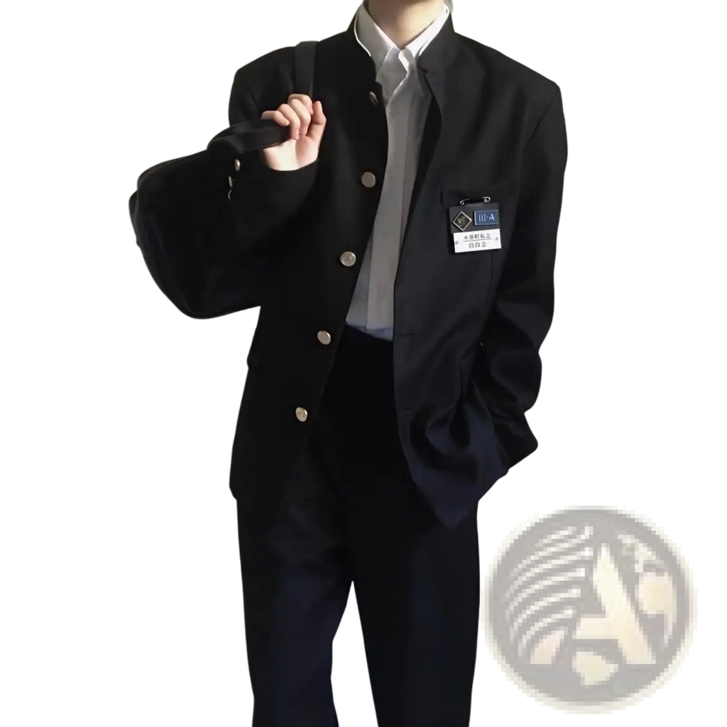 Black button-up blazer with gold-toned buttons and name tag for Japanese school uniform suit black men