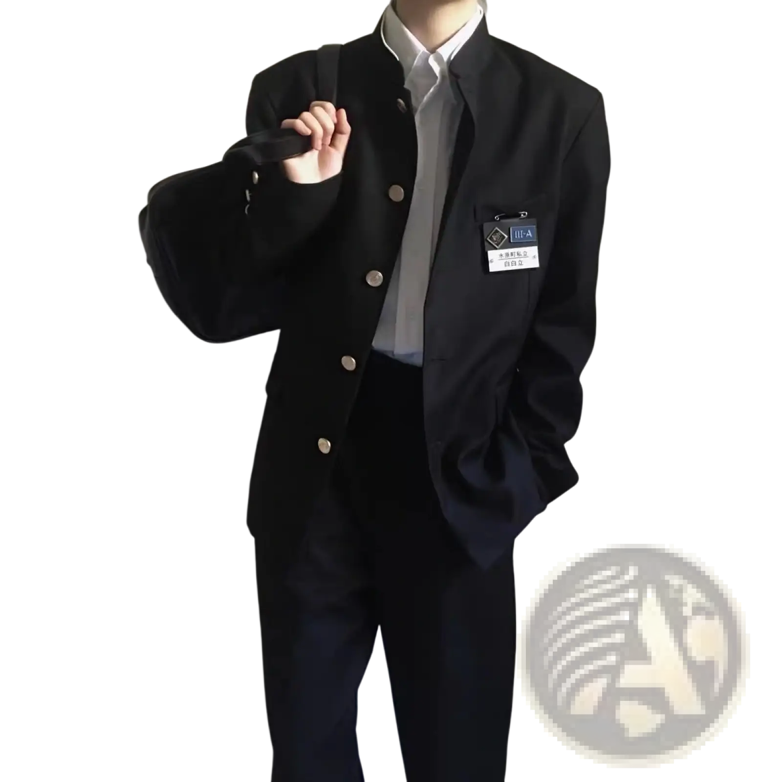 Black button-up blazer with gold-toned buttons and name tag for Japanese school uniform suit black men