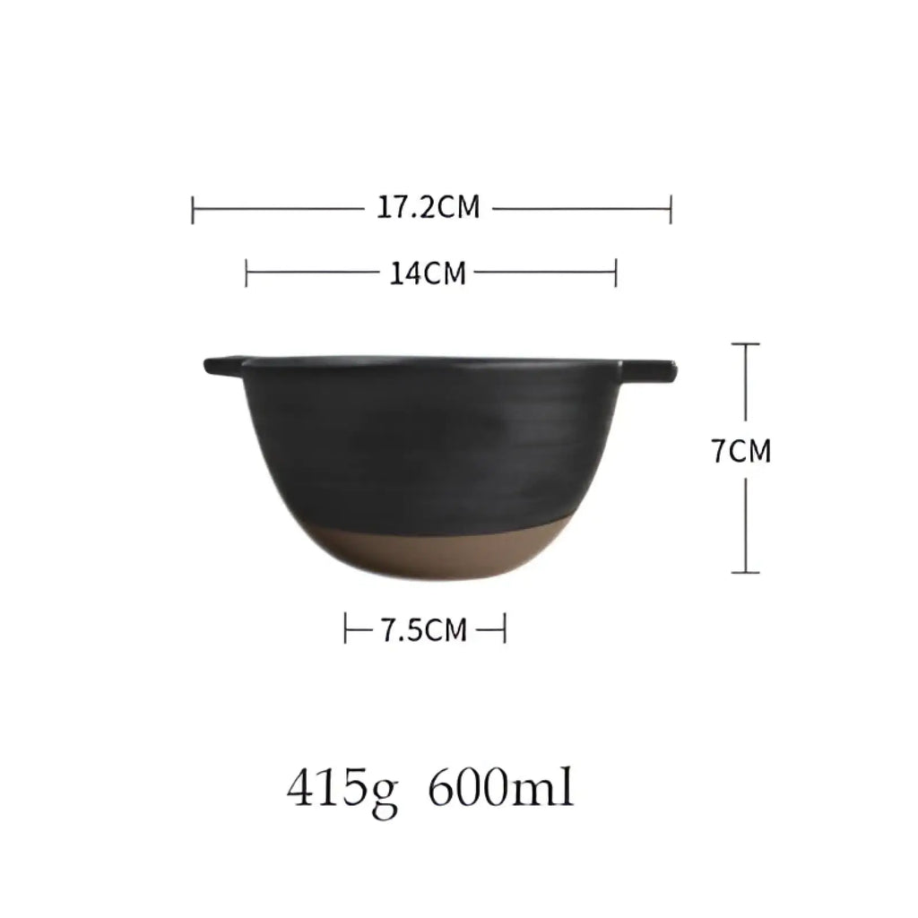 Black ceramic mixing bowl with tan base and two handles japanese stoneware binaural soup bowl 17.2cm diameter 7cm deep