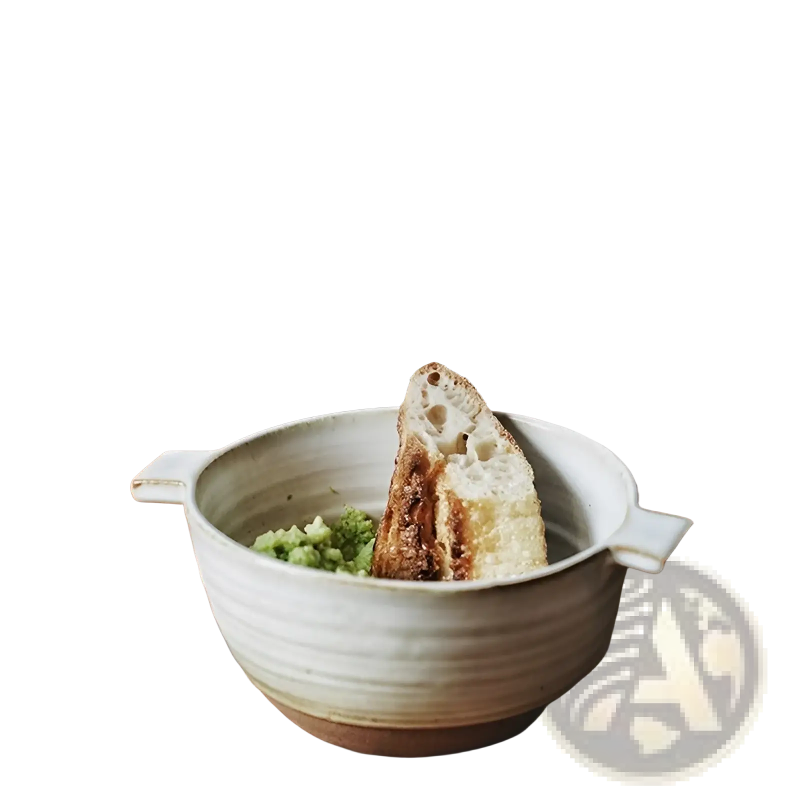 A rustic white japanese stoneware 6 inch binaural ceramic soup bowl with subtle ridges and earthy glazed finish