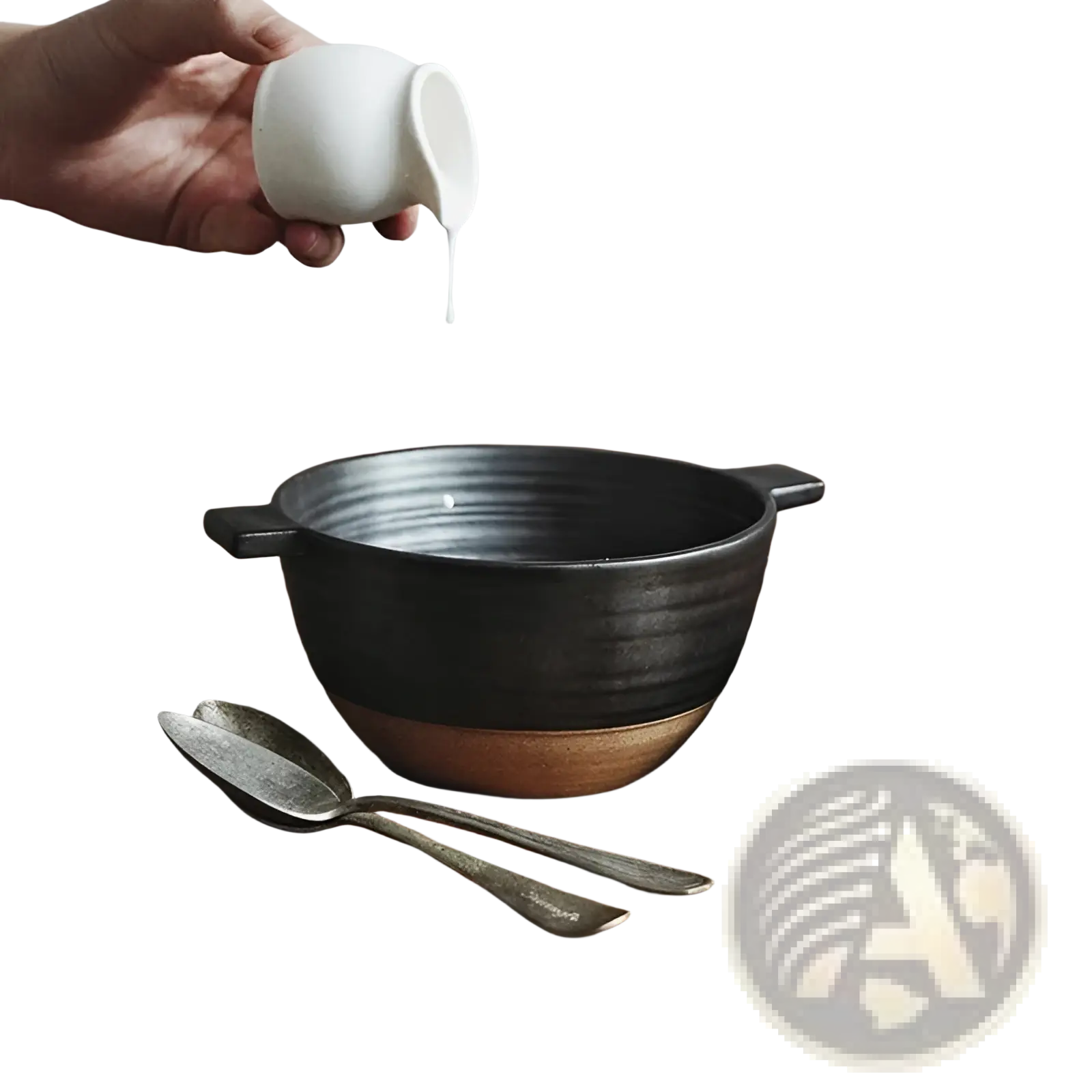 Black ceramic binaural soup bowl with wooden base and handles on rustic wood table made of Japanese stoneware