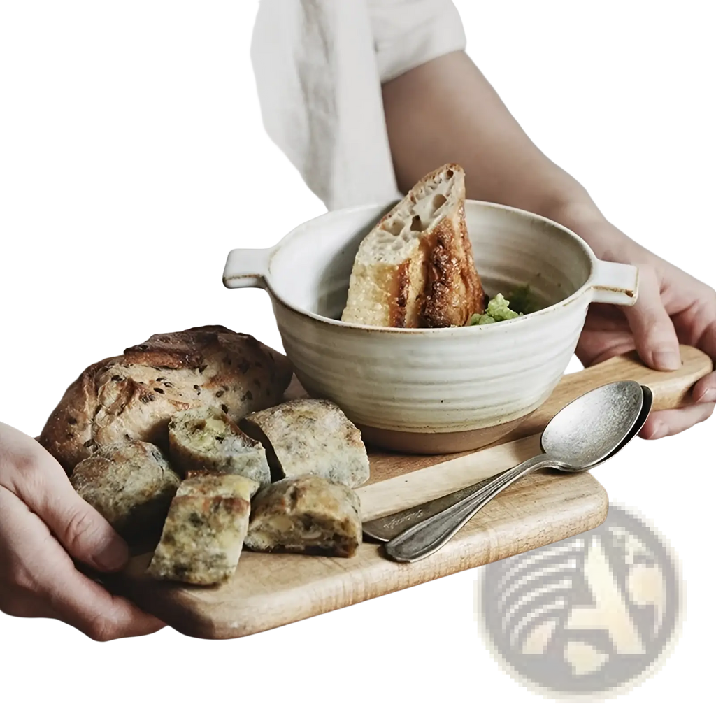 Cream-colored 6 inch binaural ceramic soup bowl made of japanese stoneware containing soup and toasted bread slice