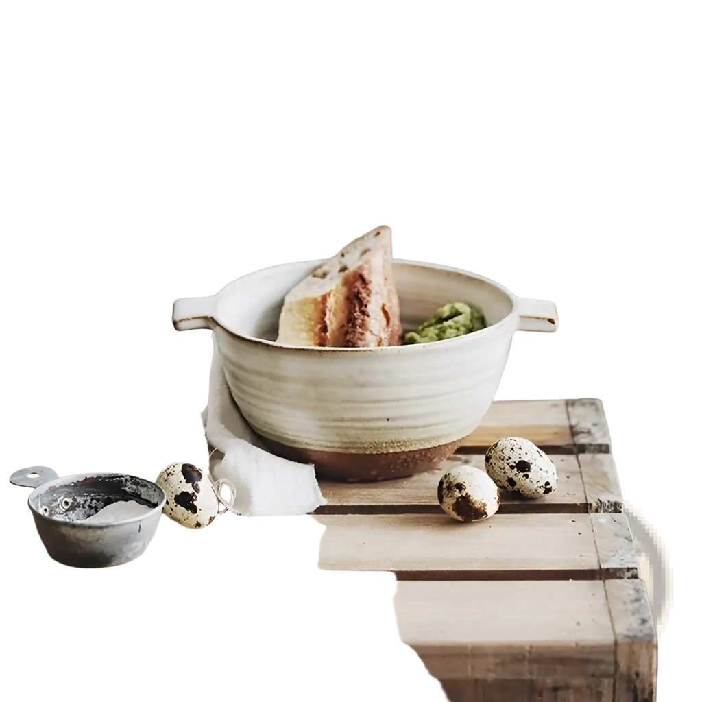 Cream-colored japanese stoneware 6 inch binaural ceramic soup bowl with two handles and rustic handcrafted finish