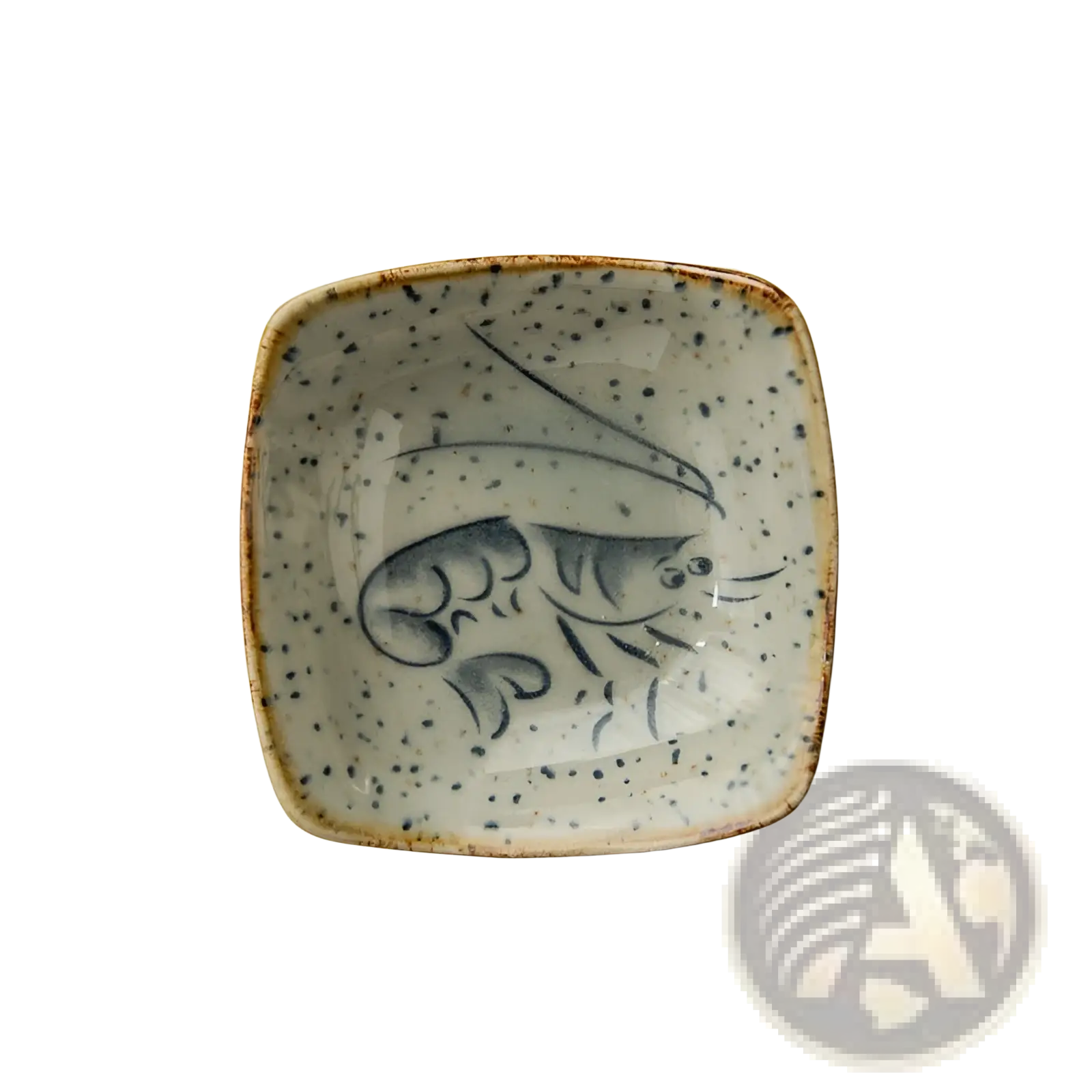 Square ceramic sea creature sauce dish with speckled white glaze hand-painted blue shrimp design and rustic brown rim