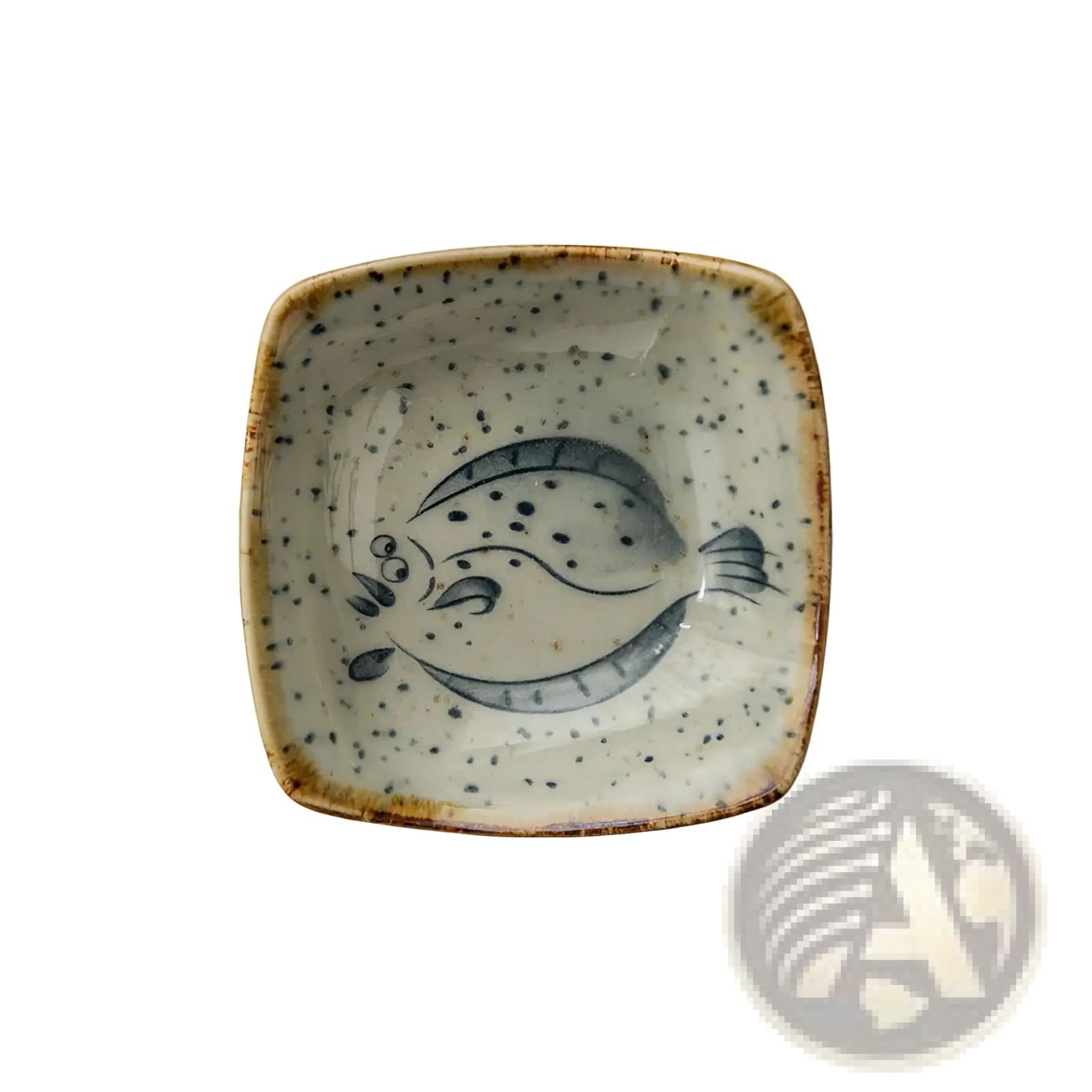 A square Japanese style ceramic sea creature sauce dish with hand-painted blue fish on speckled off-white glaze and brown rim