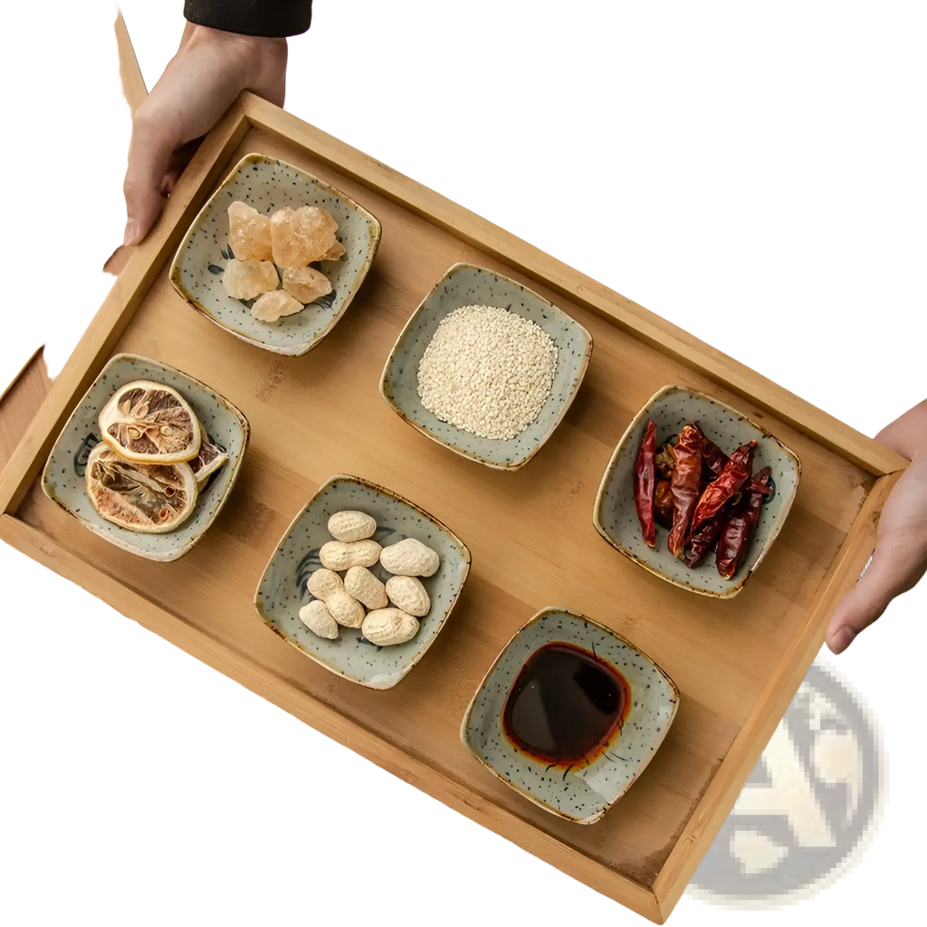 Light brown wooden serving tray with five square speckled glaze ceramic bowls in Japanese style sea creature sauce dish set