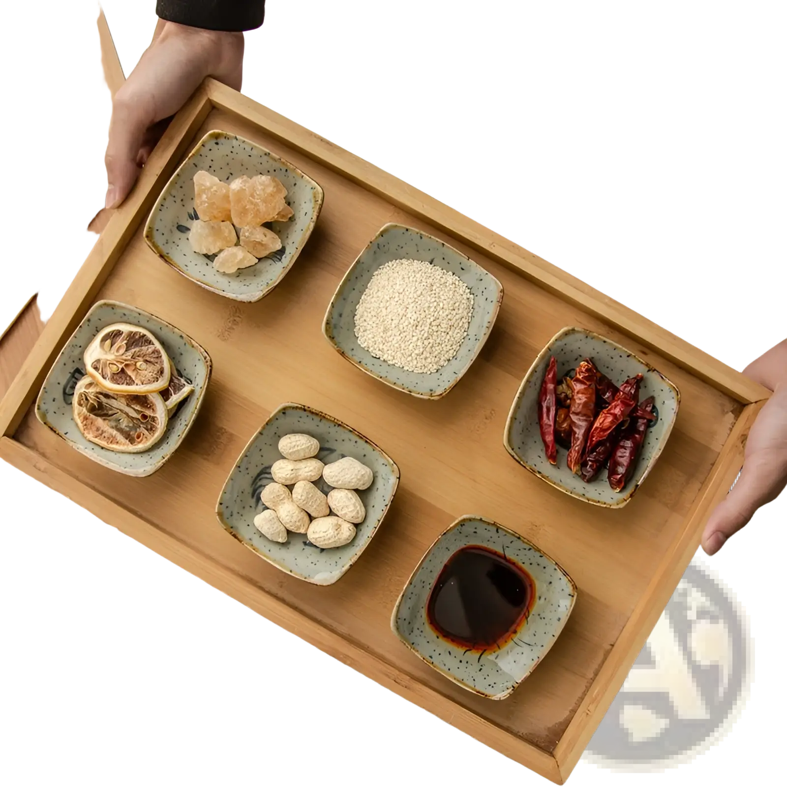 Light brown wooden serving tray with five square speckled glaze ceramic bowls in Japanese style sea creature sauce dish set
