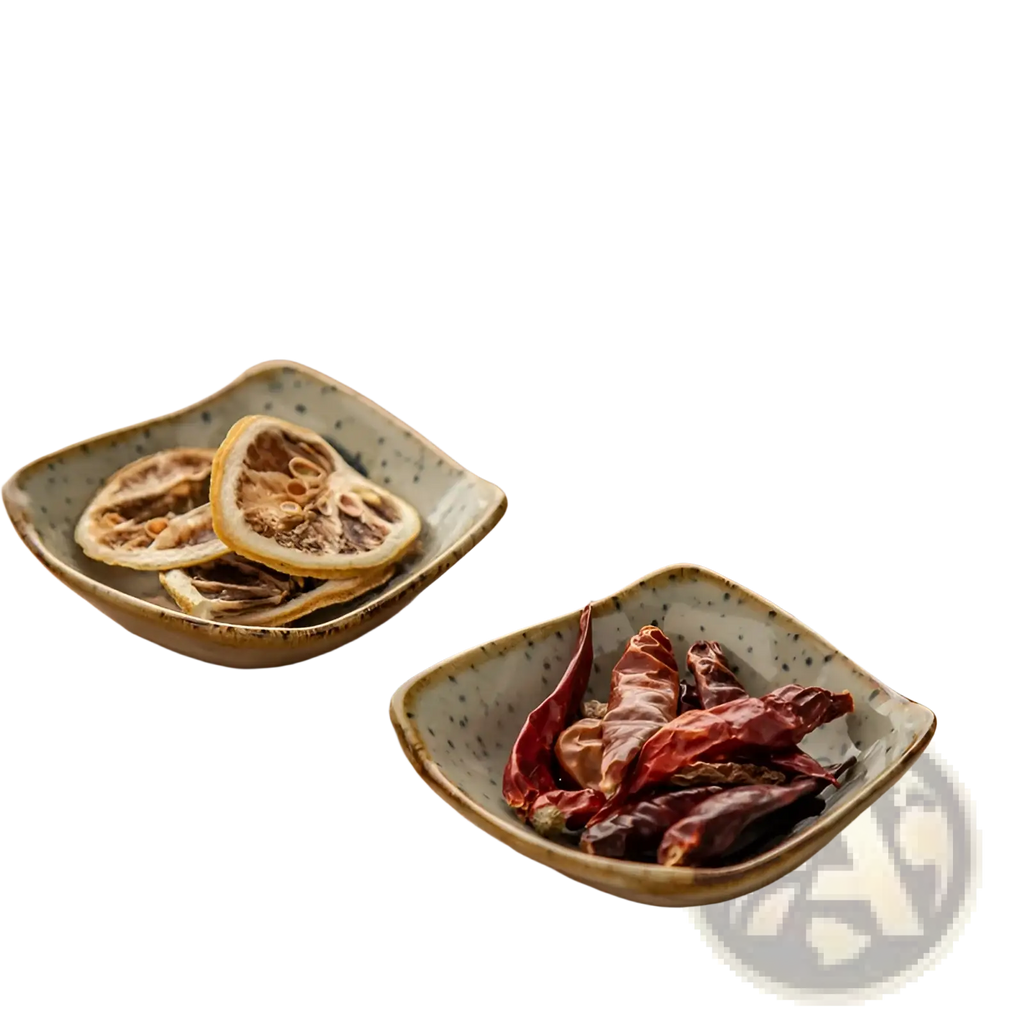 Square ceramic sea creature sauce dishes in speckled gray glaze with raised rims holding dried ingredients