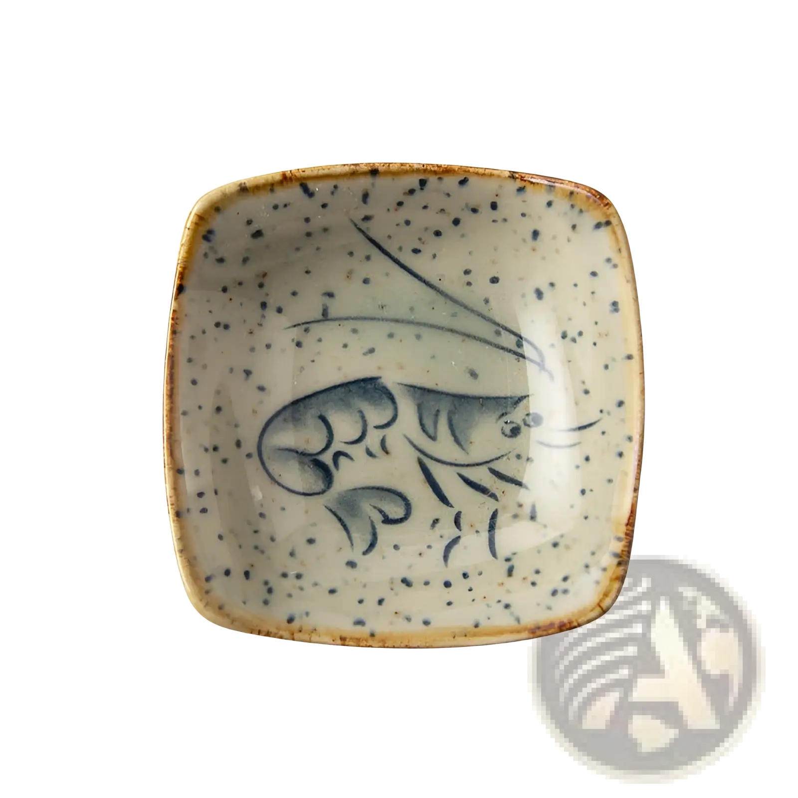A square ceramic sea creature sauce dish with speckled beige glaze and hand-painted blue shrimp design