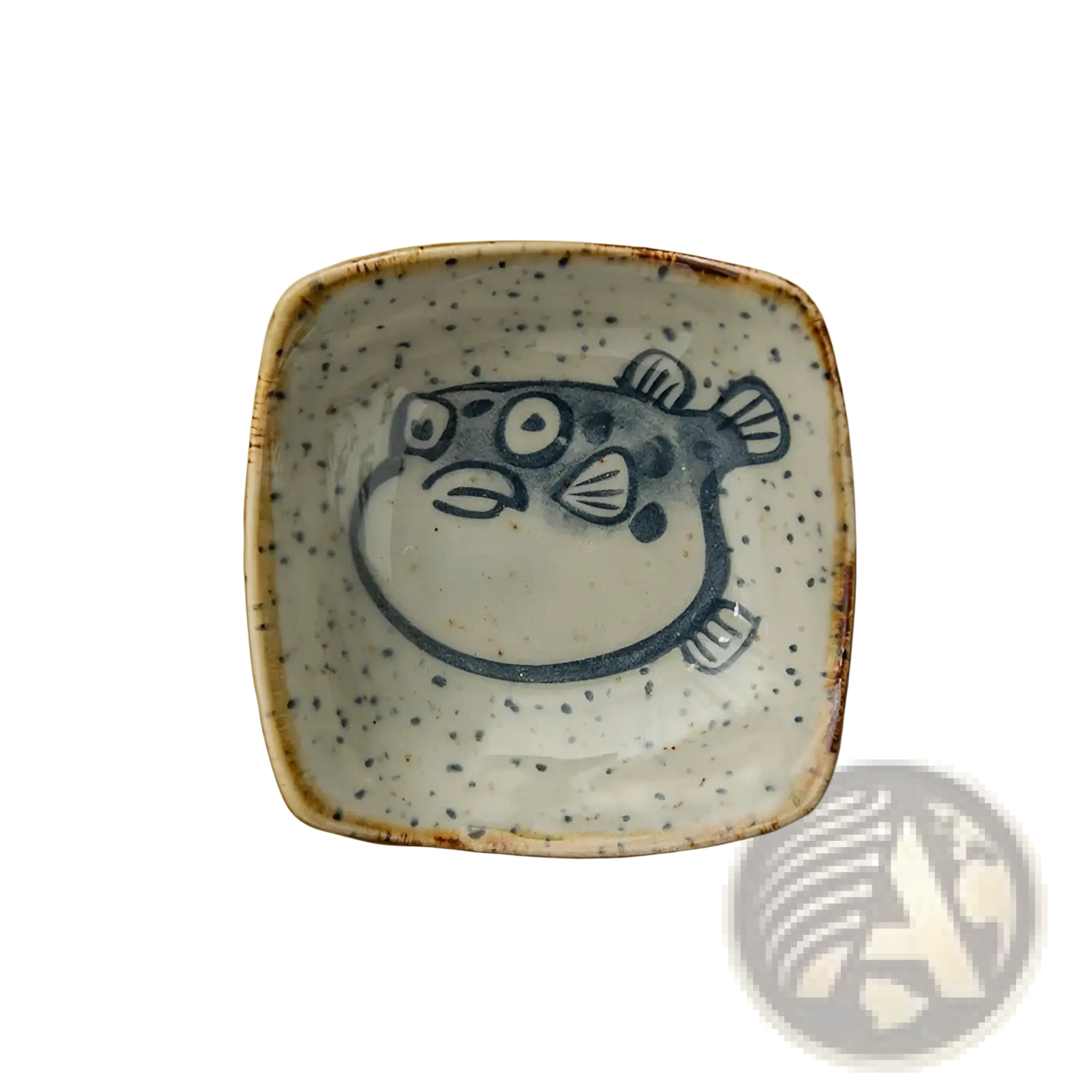 A square ceramic sea creature sauce dish with speckled white glaze, blue hand-painted pufferfish, and rustic brown rim