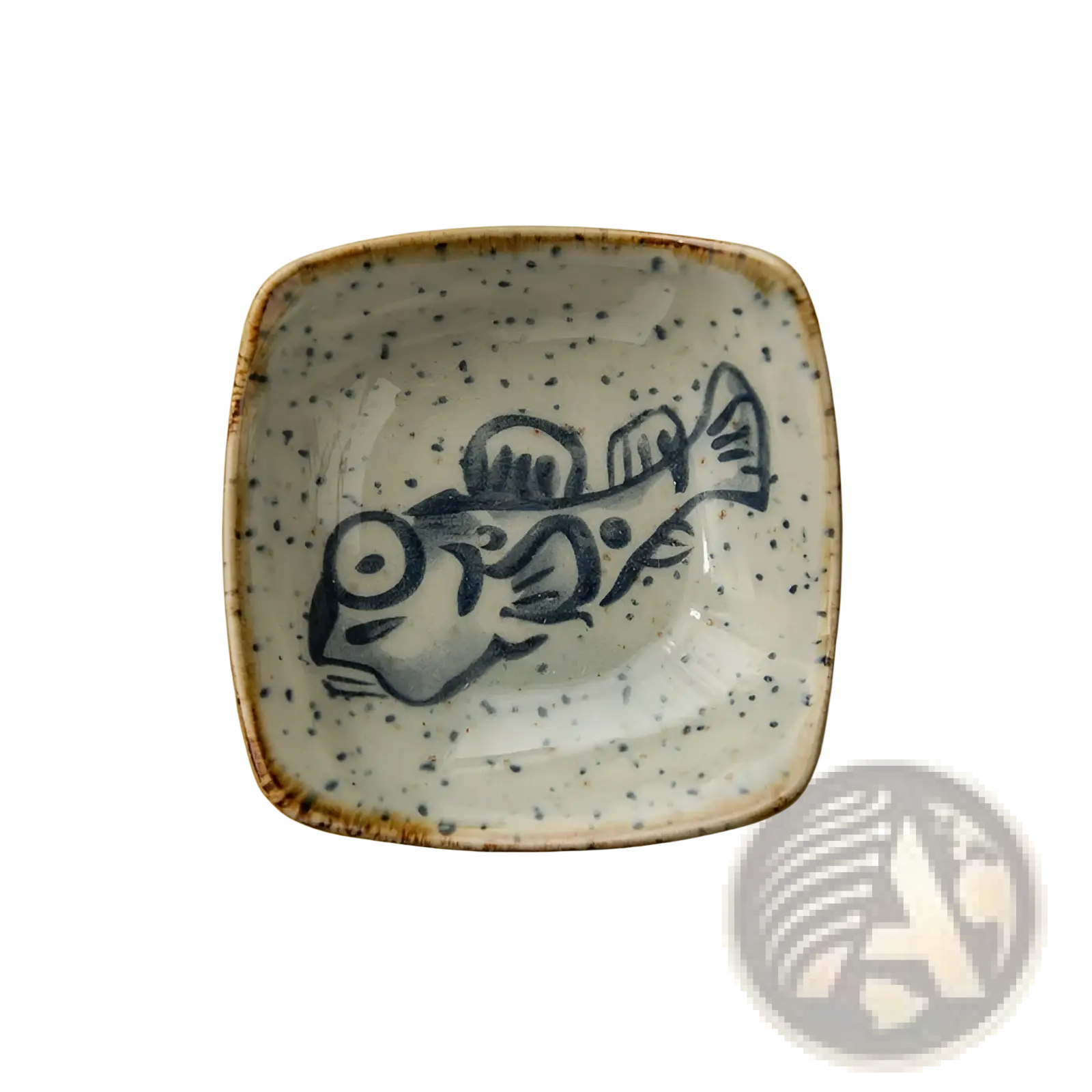 Square ceramic sea creature sauce dish with speckled white glaze and hand-painted blue fish in Japanese style