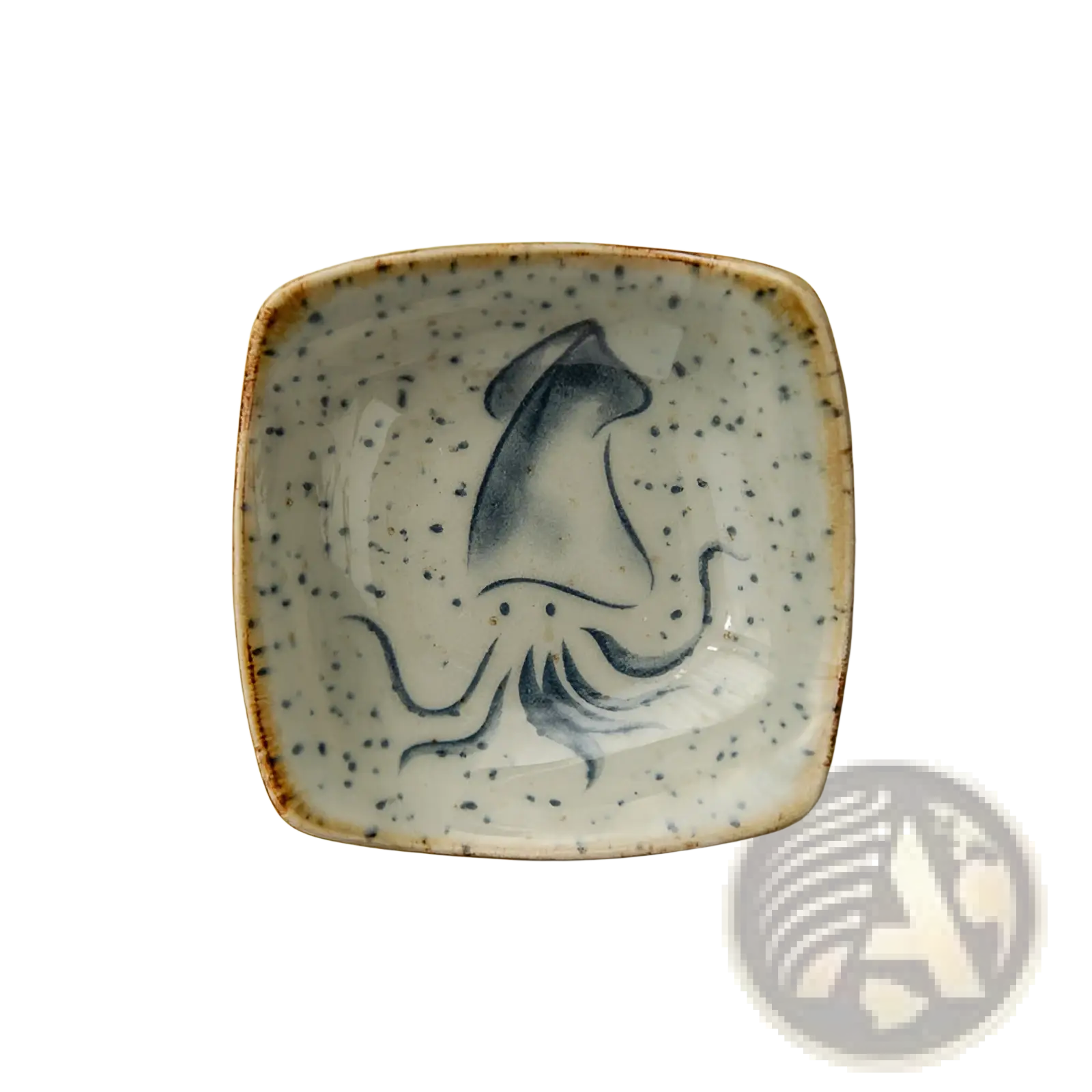 A square ceramic Japanese style sauce dish with speckled white glaze and blue ink octopus design