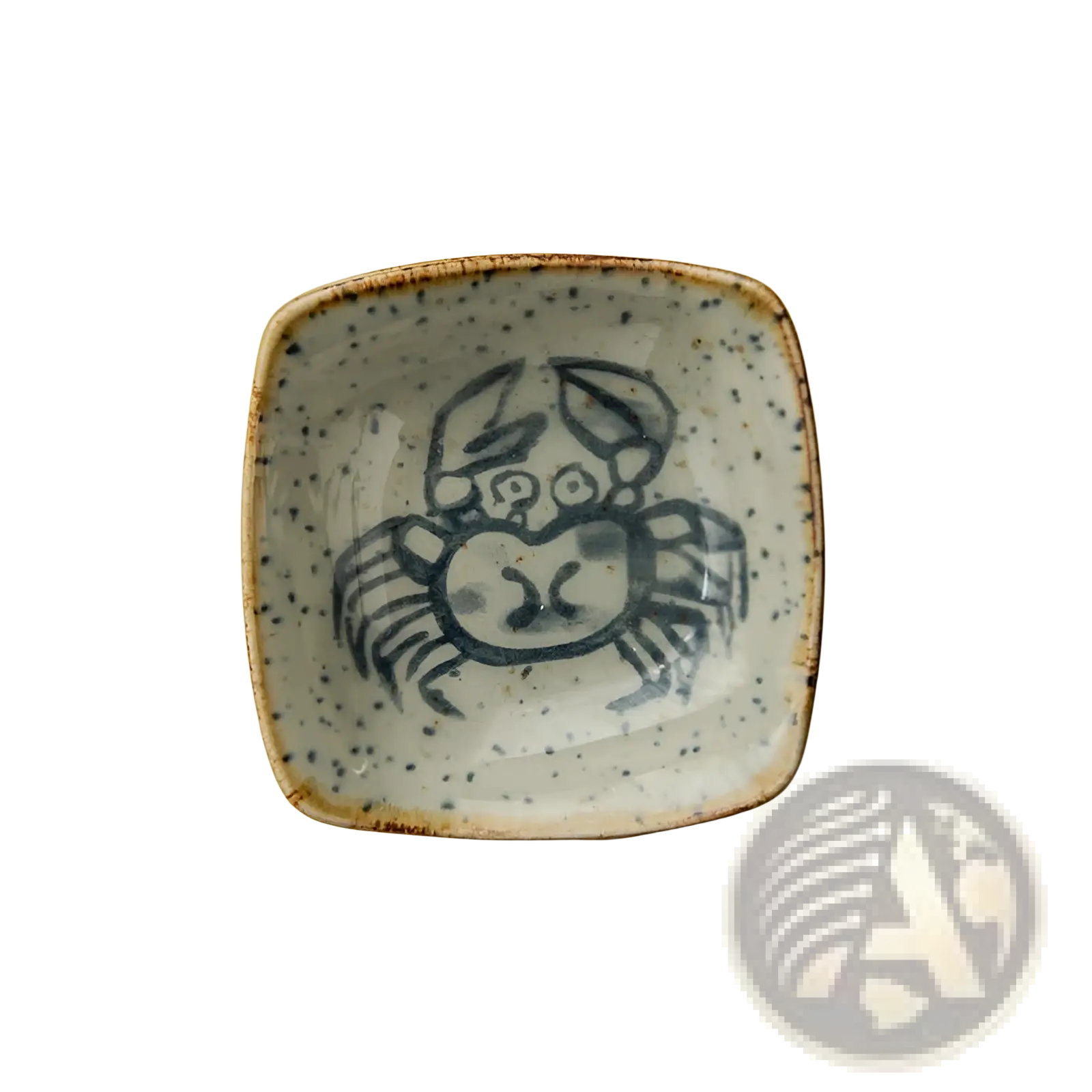 Japanese style ceramic sea creature sauce dish set with speckled white glaze and blue hand-painted crab design