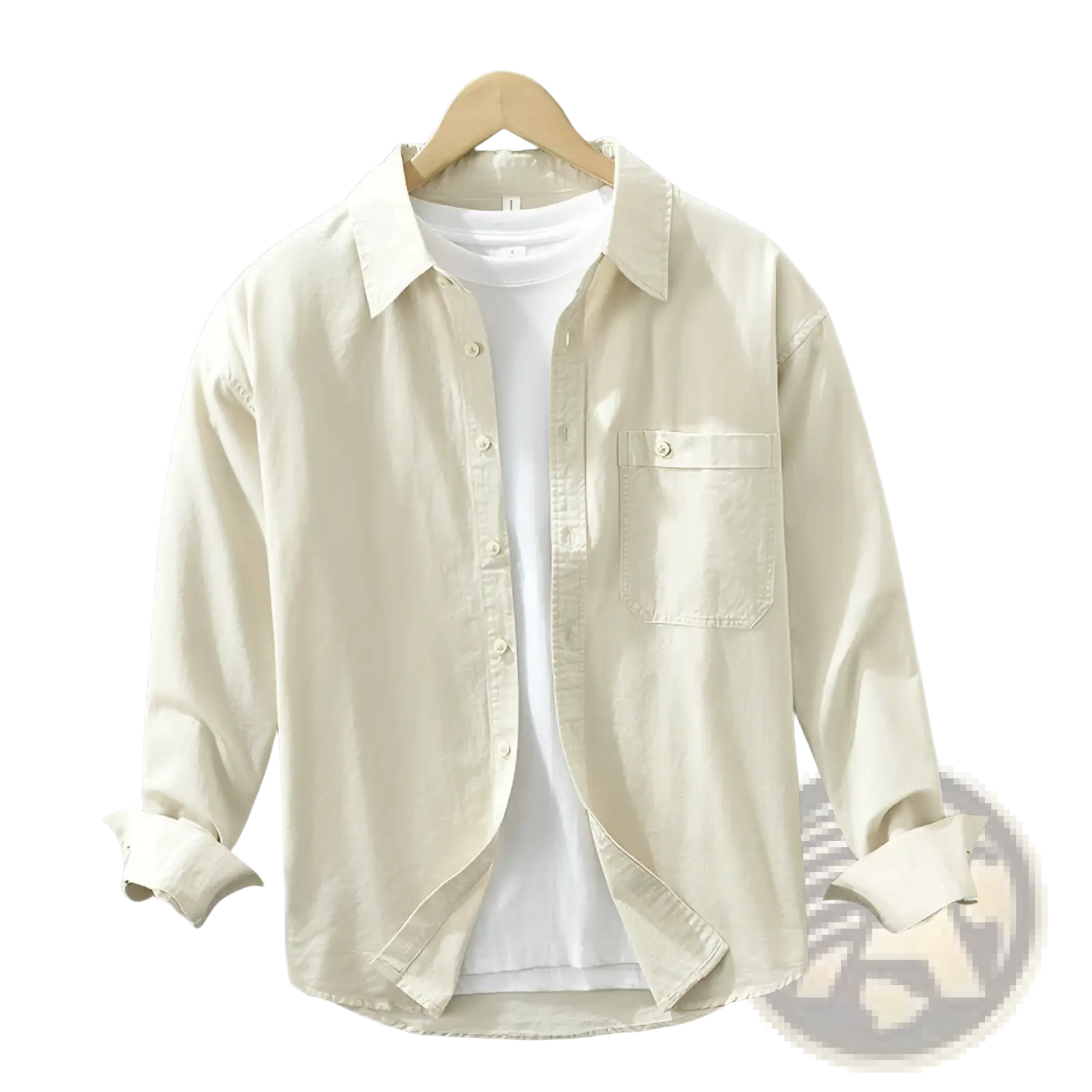 Cream-colored Japanese style cotton long sleeve shirt for men with button-up front chest pocket and rolled cuffs