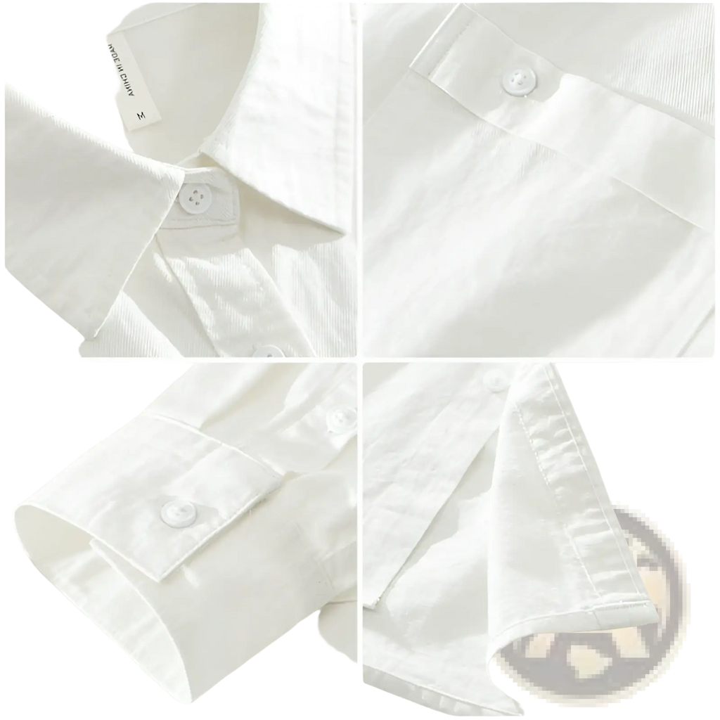 Japanese style cotton long sleeve shirt for men in crisp white with classic collar cuffs and subtle fabric texture