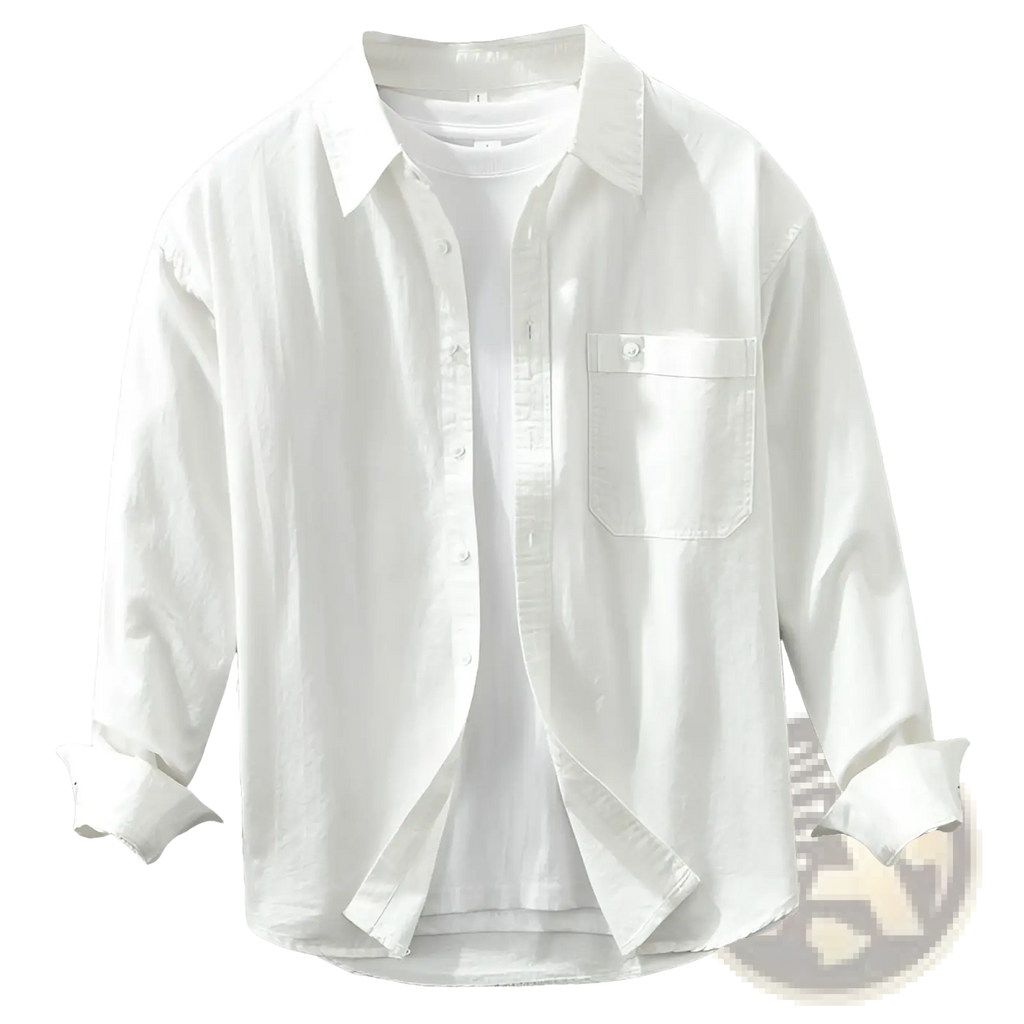 Japanese style white cotton long sleeve shirt for men with chest pocket and rolled cuffs