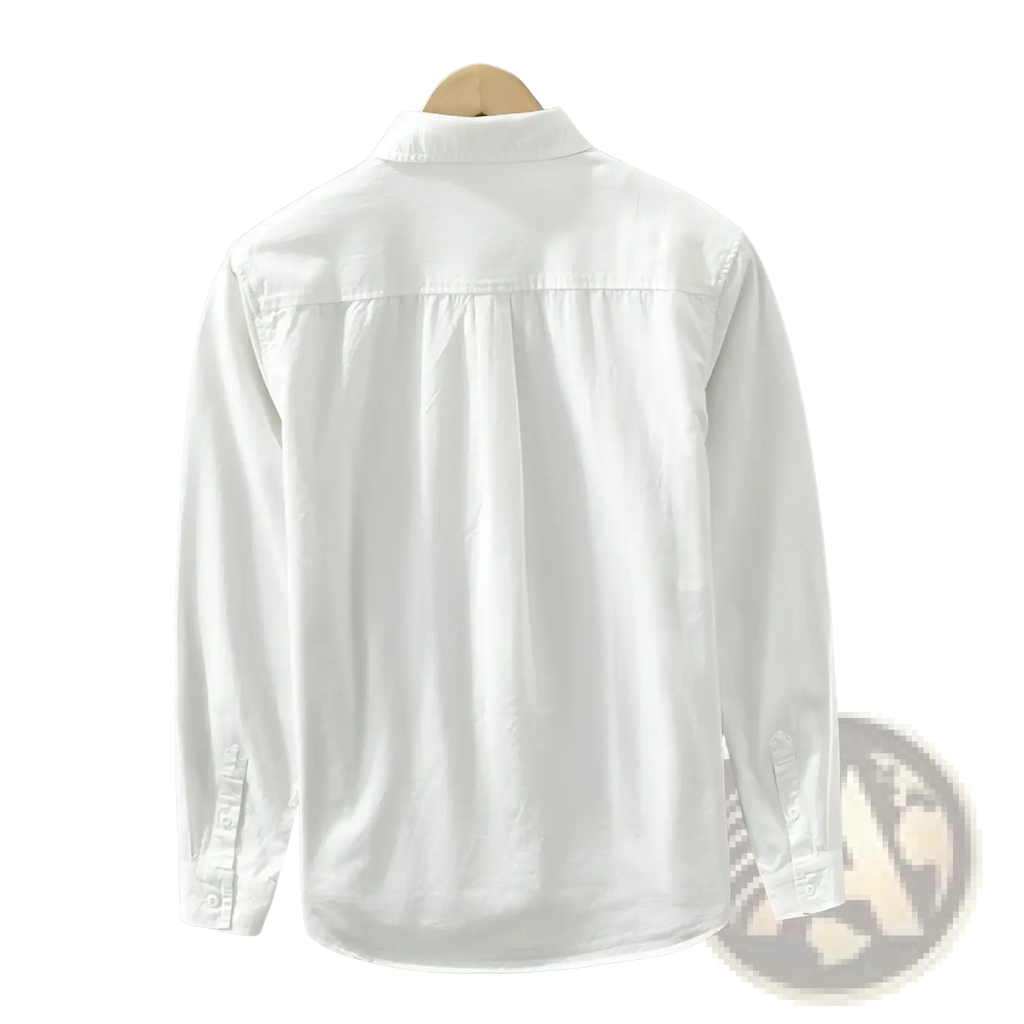 White japanese style cotton long sleeve shirt for men with classic collar and neatly stitched seams