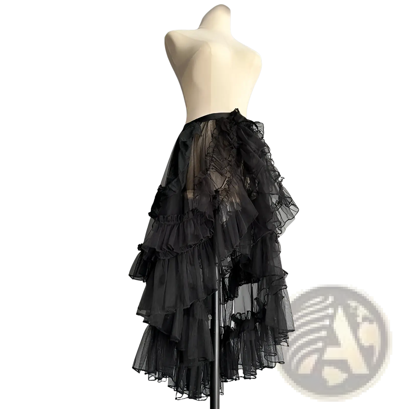 Japanese style long lolita black tiered tulle skirt with ruffled layers and delicate lace detailing