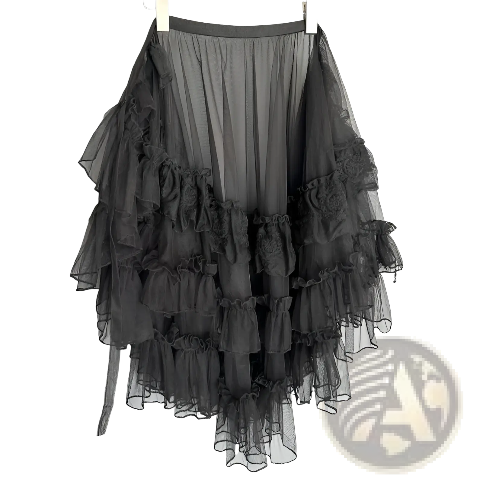 Japanese style long lolita niche design black tiered tulle veil skirt with lace accents and ruffled layers