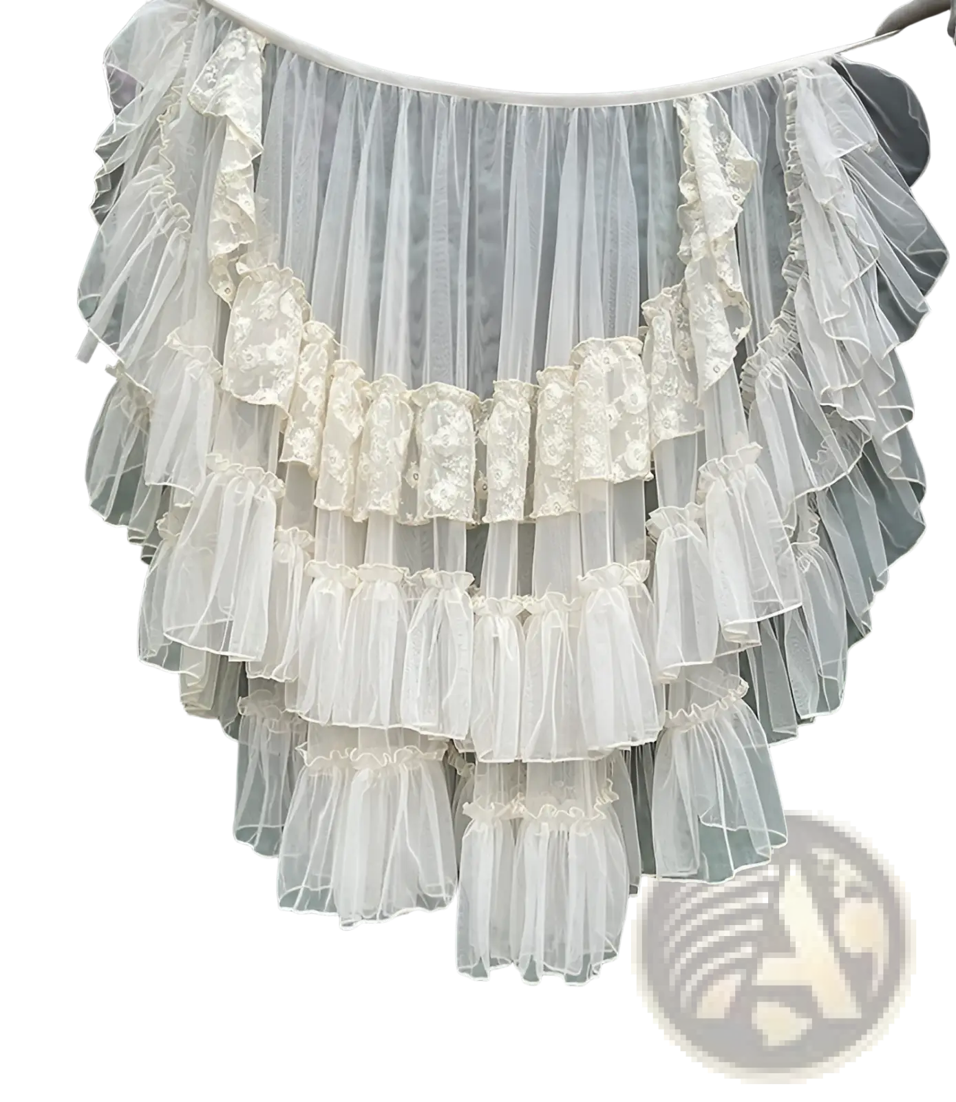 A delicate Japanese style long Lolita veil skirt in sheer white tulle with multi-tiered ruffles and lace accents