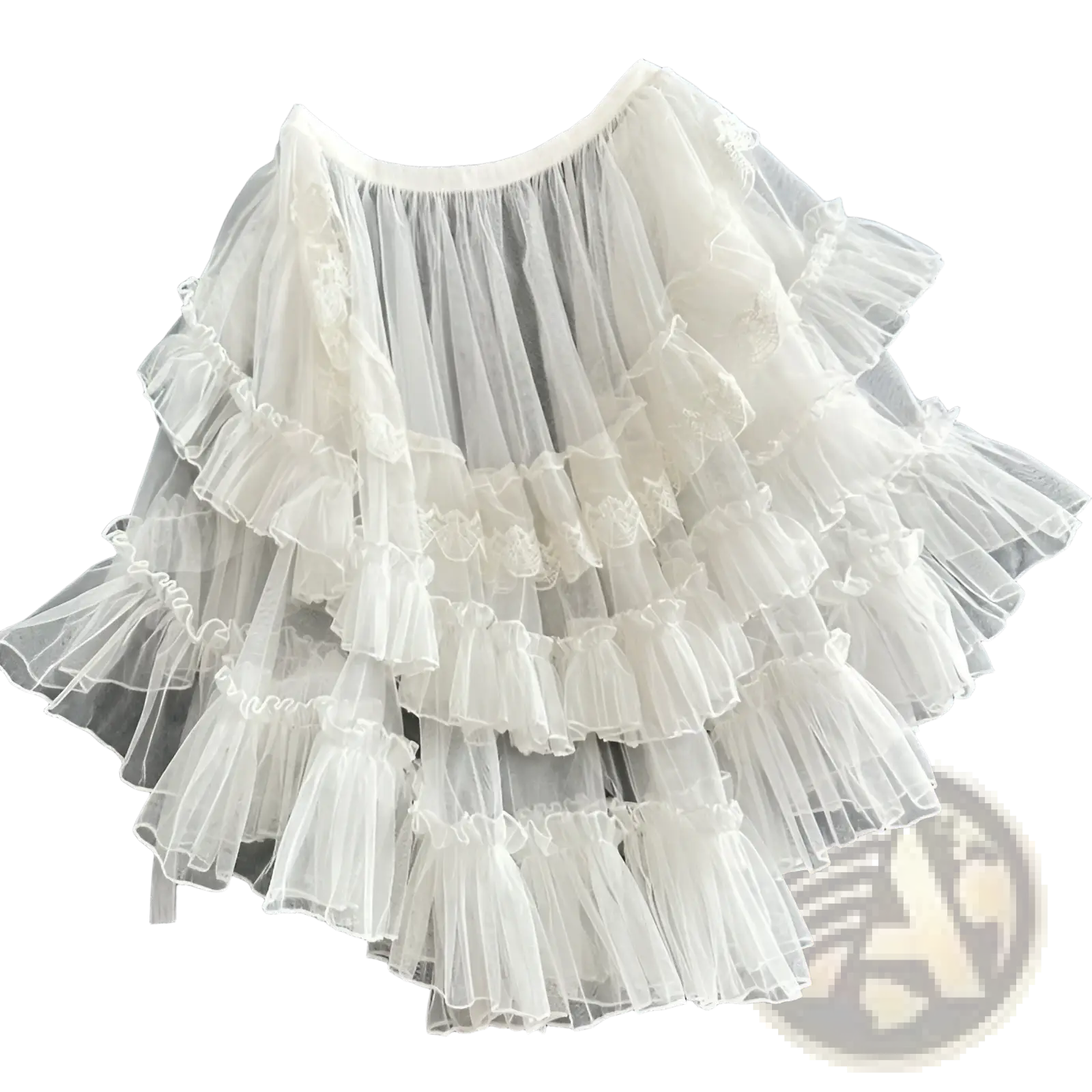 Japanese style long lolita niche design veil skirt in delicate white tiered tulle with lace trim and ruffled layers