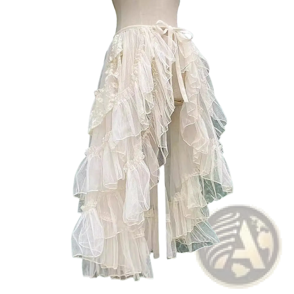 Japanese style long Lolita niche design veil skirt in off-white tulle with ruffled tiers and tied waistband detail
