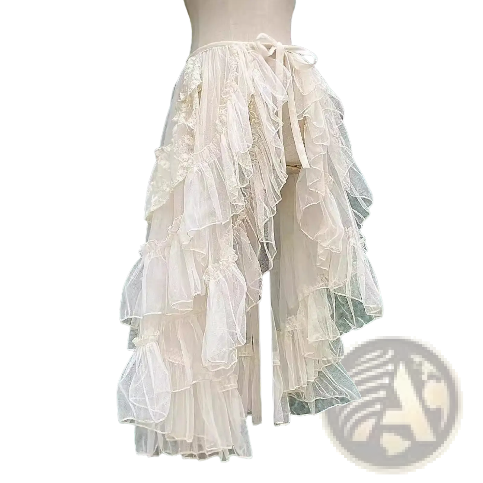 Japanese style long Lolita niche design veil skirt in off-white tulle with ruffled tiers and tied waistband detail