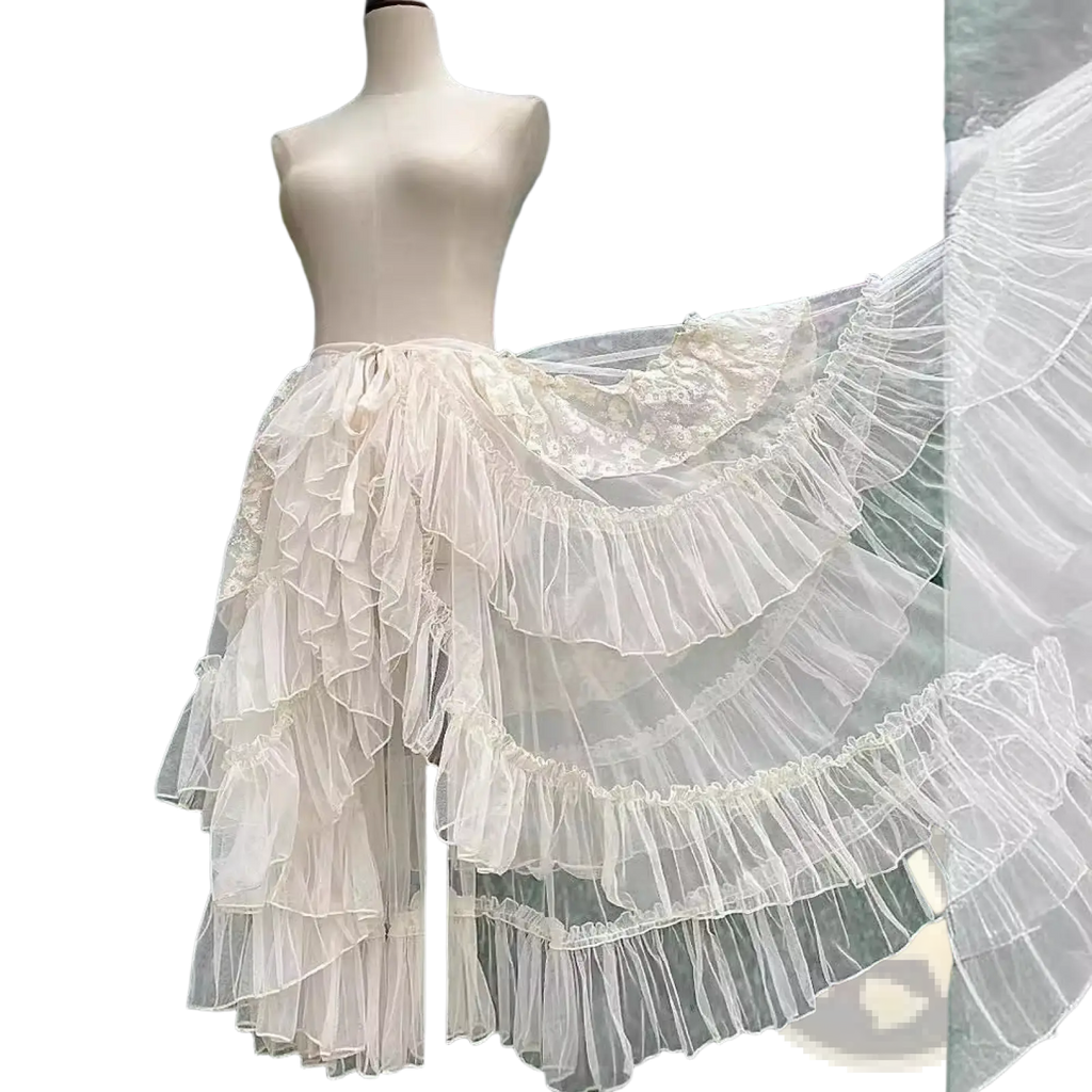 Japanese style long lolita niche design veil skirt in off-white tiered lace with ruffled layers and a gathered waistband