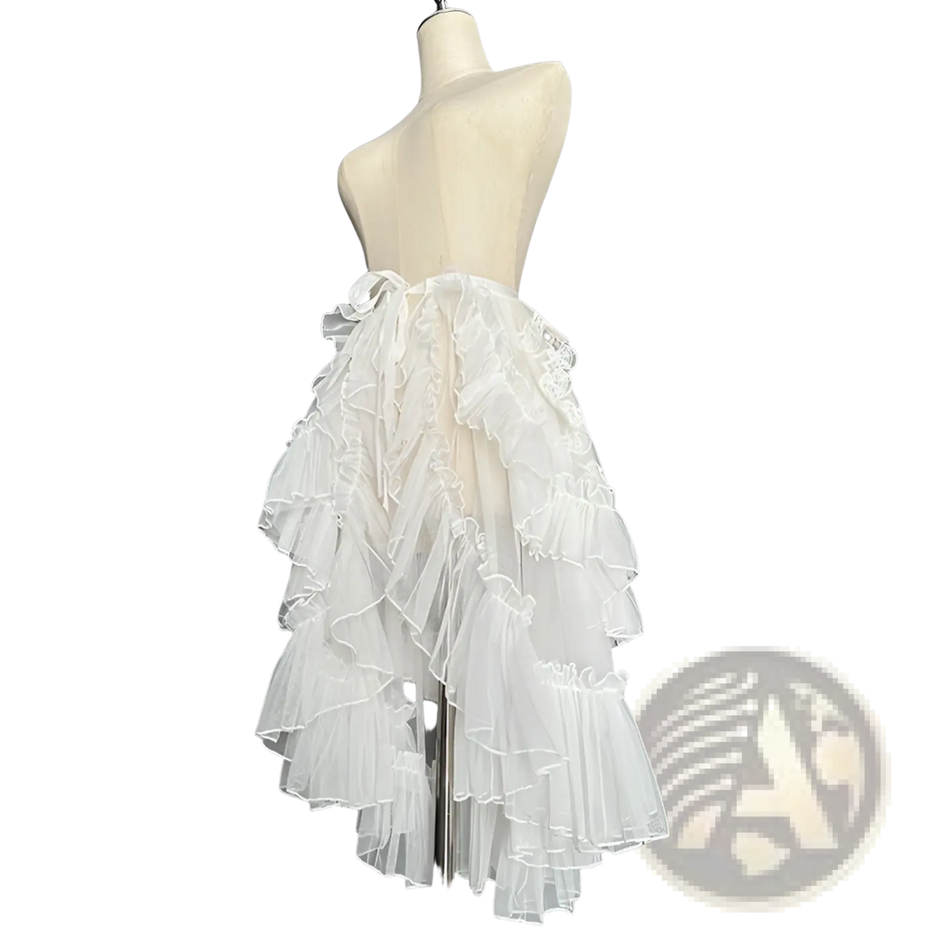 White japanese style long lolita veil skirt with multi-layered tulle, lace trim, and gathered waistband