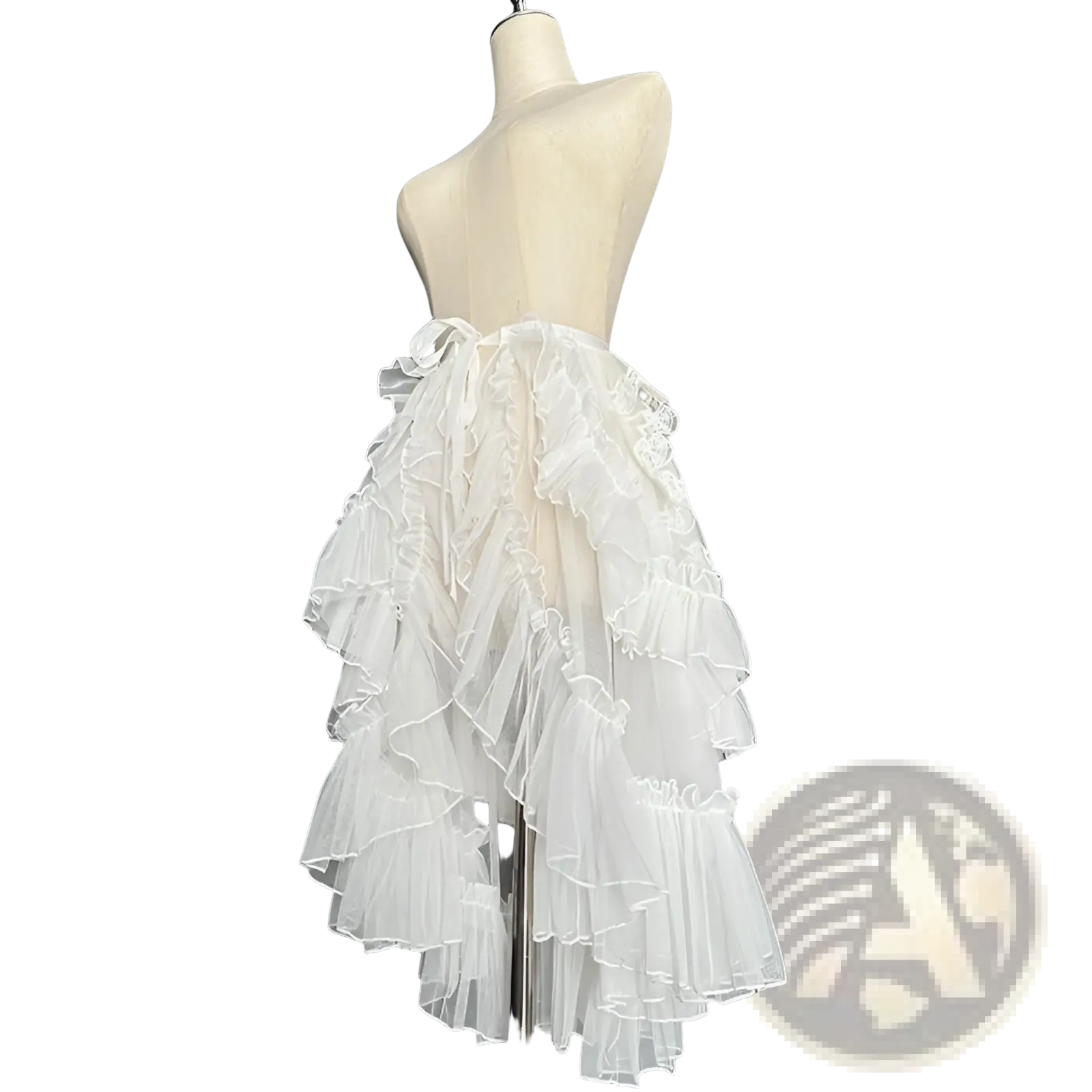 White japanese style long lolita veil skirt with multi-layered tulle, lace trim, and gathered waistband